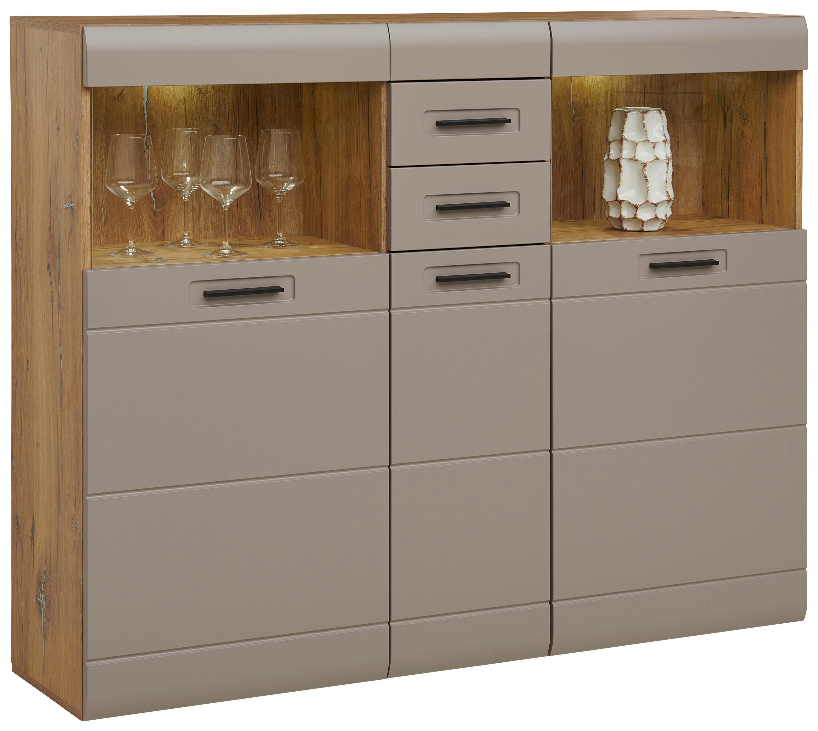 Highboard Mit Glaselementen B: 154,9 Cm Basalt/eiche Dekor