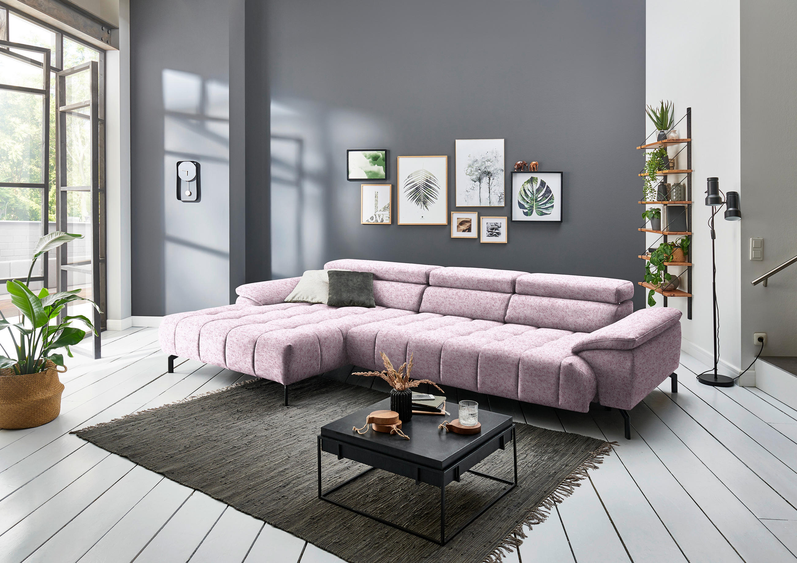 ECKSOFA in Chenille Rosa  - Schwarz/Rosa, Design, Textil/Metall (190/329cm) - Beldomo Style