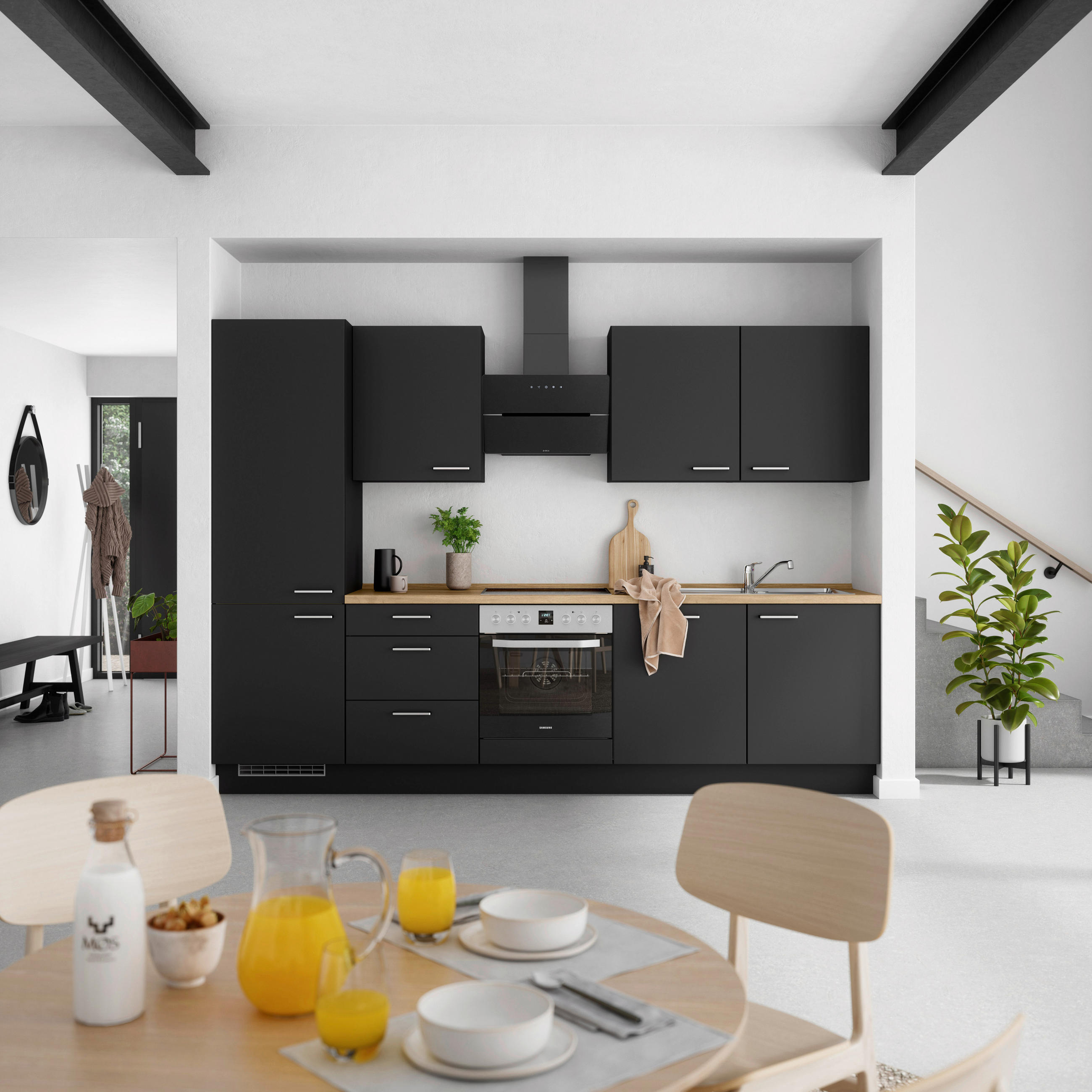 KÜCHENBLOCK 300 cm   in Schwarz, Eichefarben  - Edelstahlfarben/Eichefarben, MODERN, Holzwerkstoff/Metall (300cm) - Nobilia