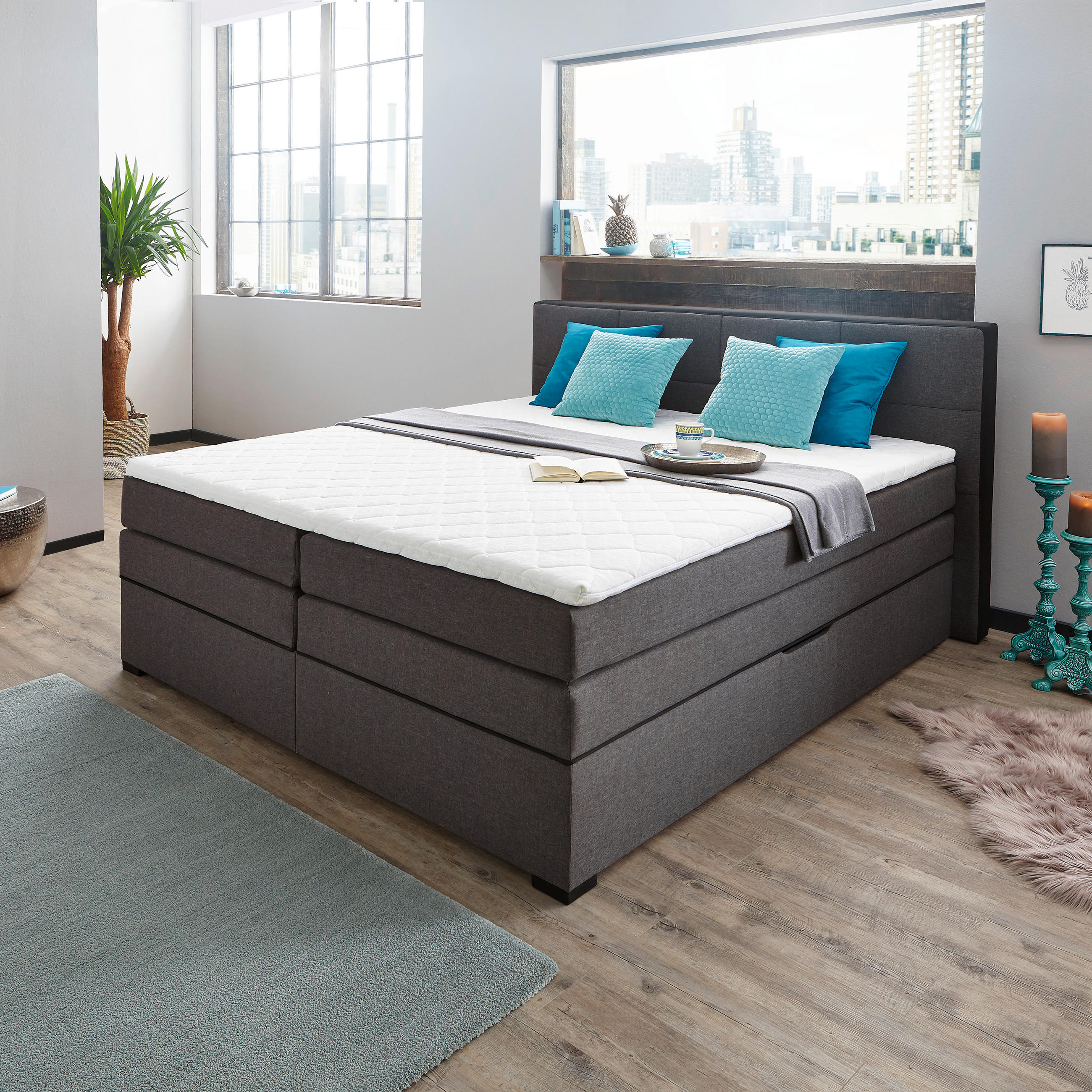 BOXSPRINGBETT 180/200 cm  in Grau, Schwarz  - Wengefarben/Schwarz, Design, Holz/Holzwerkstoff (180/200cm) - Livetastic
