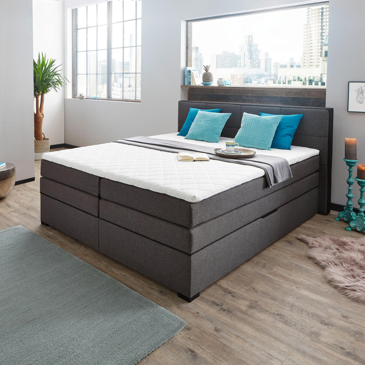 BOXSPRINGBETT 180/200 cm  in Grau, Schwarz  - Wengefarben/Schwarz, Design, Holz/Holzwerkstoff (180/200cm) - Livetastic