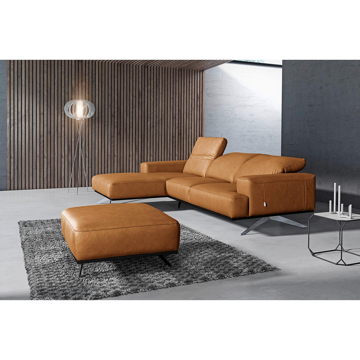 ECKSOFA Cognac Echtleder Rücken echt, Kopfteilverstellung  - Chromfarben/Cognac, Design, Leder/Metall (187/295cm) - Livetastic