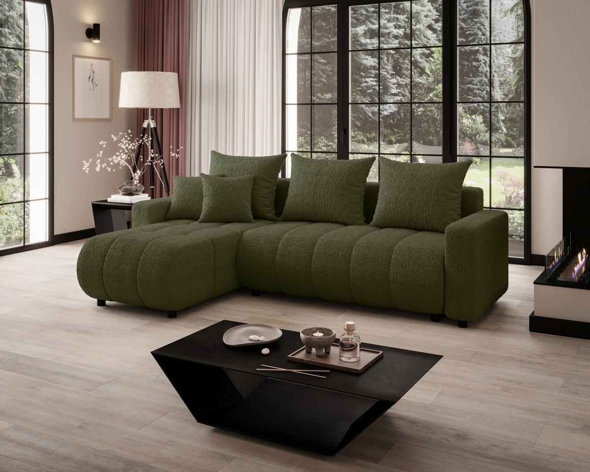 ECKSOFA Grün Bouclé Zierkissen, Rückenkissen, Bettkasten, Schlaffunktion, Rücken echt, Liegefläche im Originalstoff  - Schwarz/Grün, MODERN, Kunststoff/Textil (150/240cm) - Carryhome