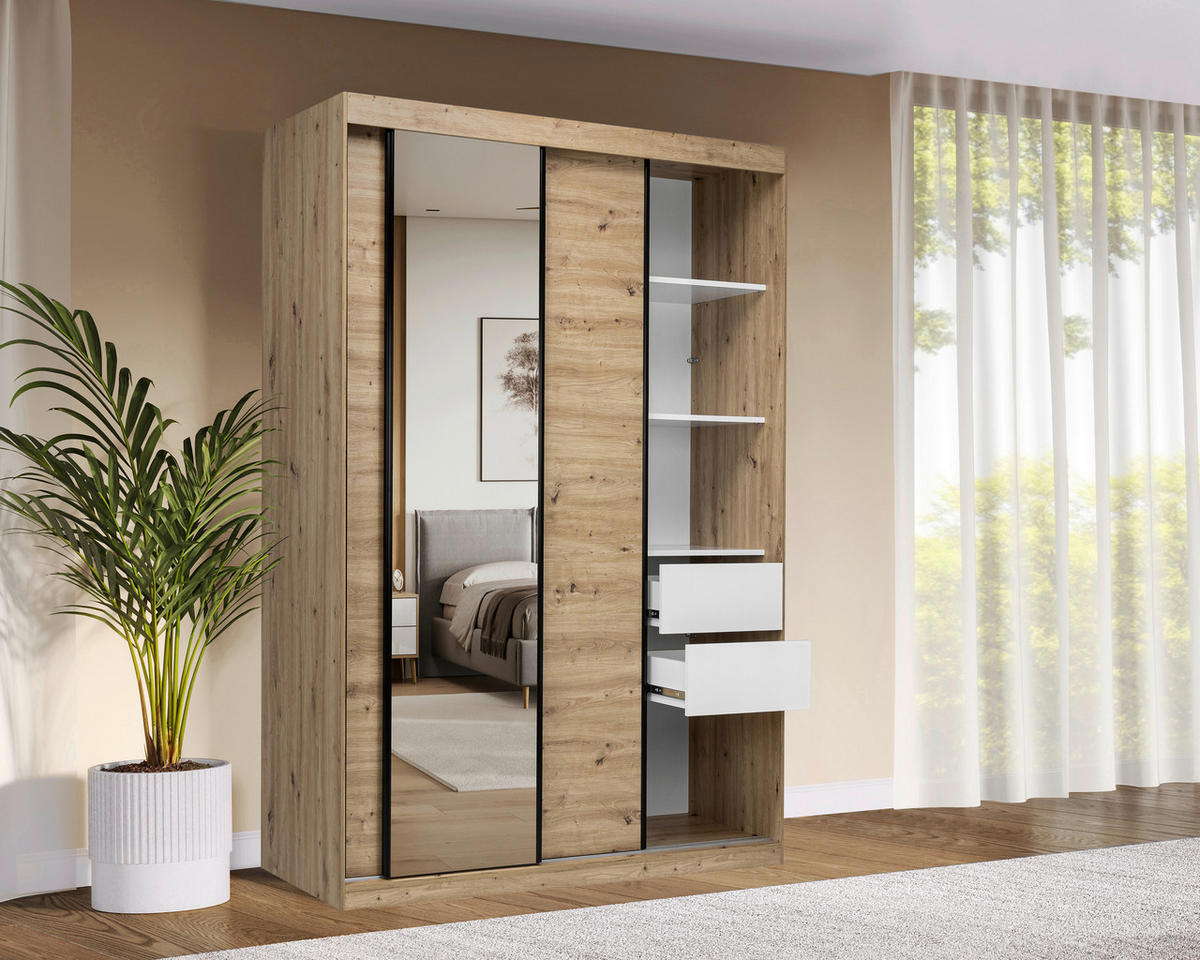 SCHIEBETÜRENSCHRANK 150/215/59,5 cm 3-türig  - Schwarz/Eiche Artisan, MODERN, Holzwerkstoff/Metall (150/215/59,5cm) - MID.YOU