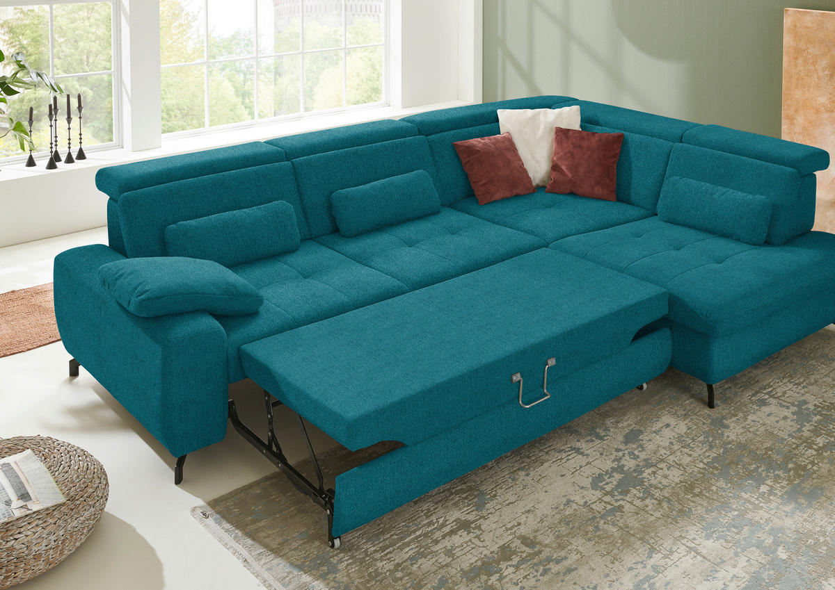 ECKSOFA in Chenille Petrol  310/220 cm  - Petrol/Schwarz, Design, Textil/Metall (310/220cm) - Beldomo Style