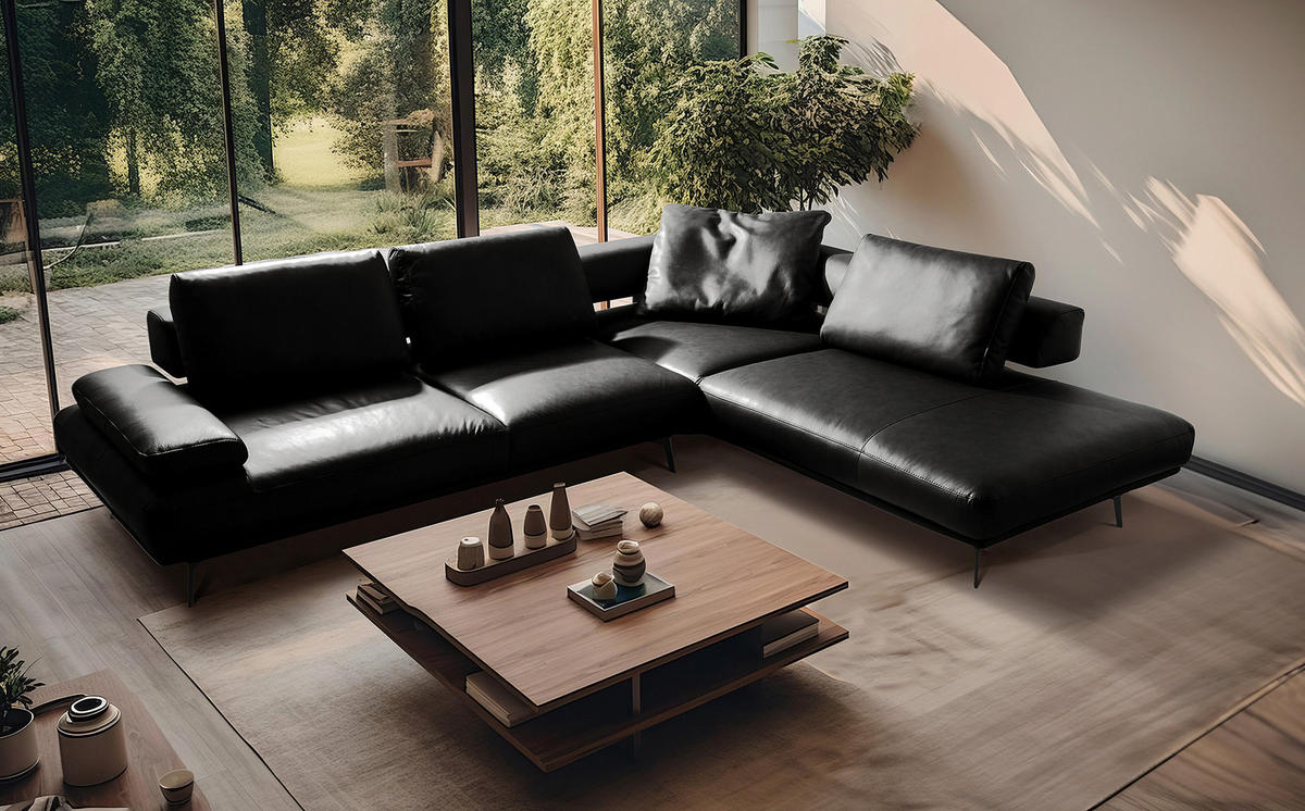 ECKSOFA  in Echtleder Schwarz  306/237 cm  - Schwarz/Grau, Design, Leder/Metall (306/237cm) - Livetastic