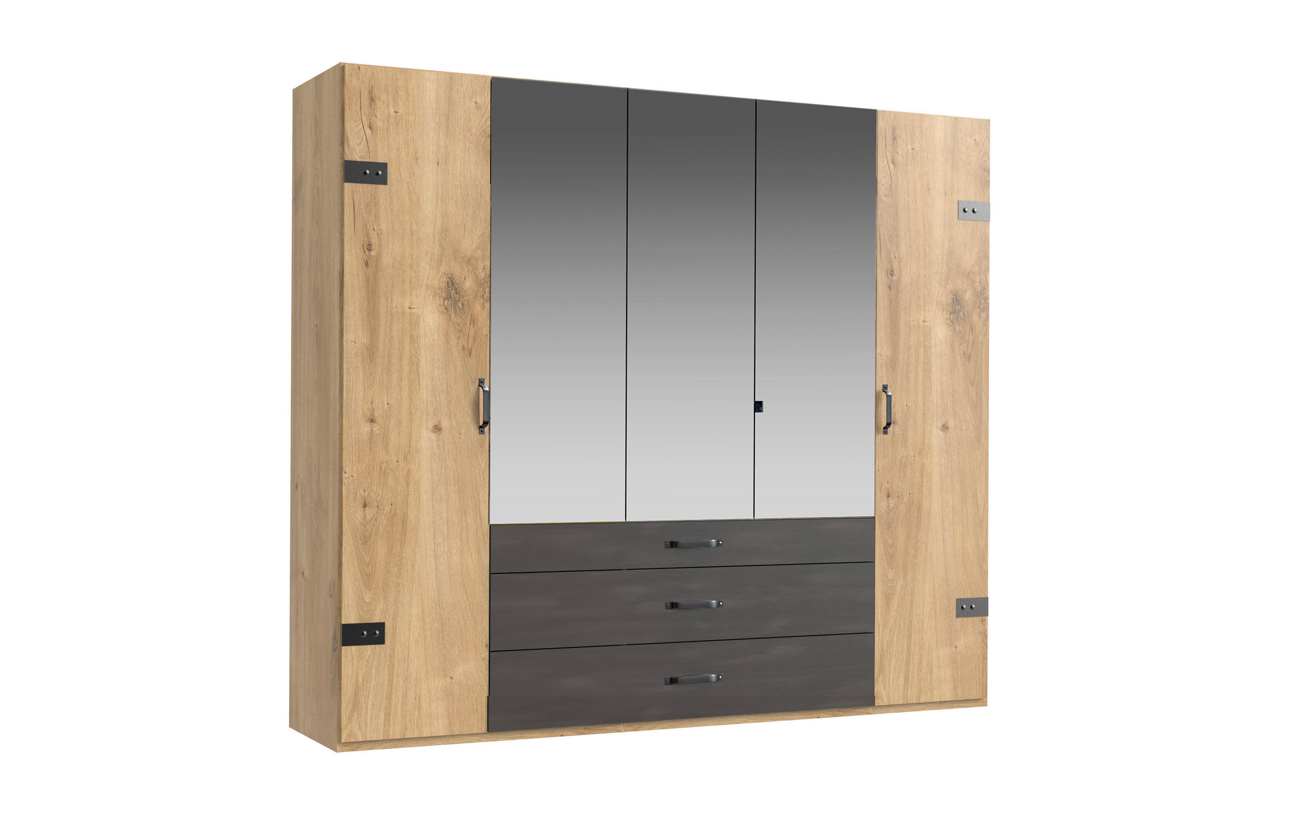 DREHTÜRENSCHRANK 250/216/58 cm,  in Graphitfarben, Eichefarben, Silberfarben, 5-türig  - Eichefarben/Silberfarben, Basics, Holzwerkstoff/Metall (250/216/58cm) - MID.YOU