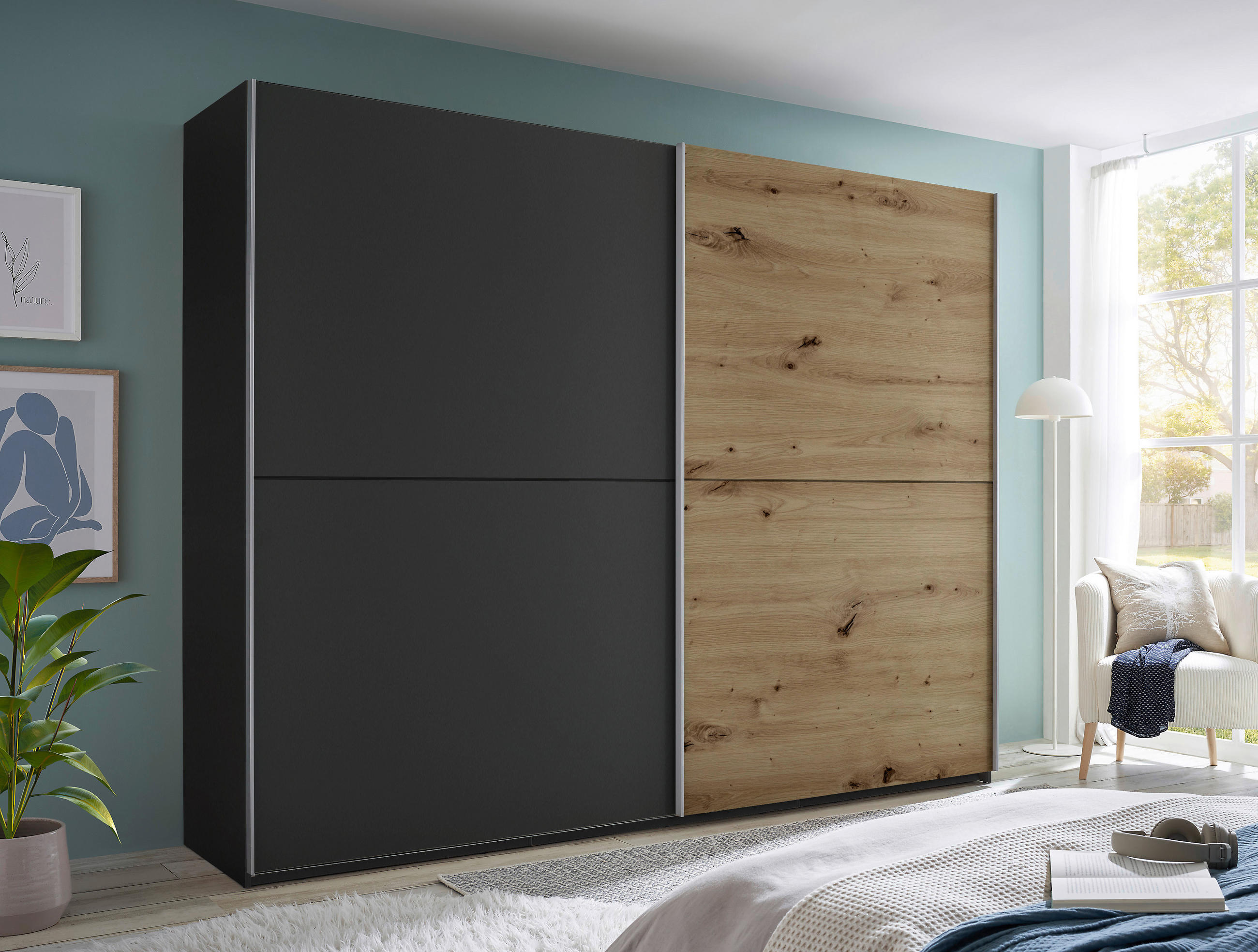 SCHWEBETÜRENSCHRANK 270/210/60 cm 2-türig Graphitfarben, Eiche Artisan  - Graphitfarben/Alufarben, MODERN, Holzwerkstoff/Metall (270/210/60cm) - Livetastic