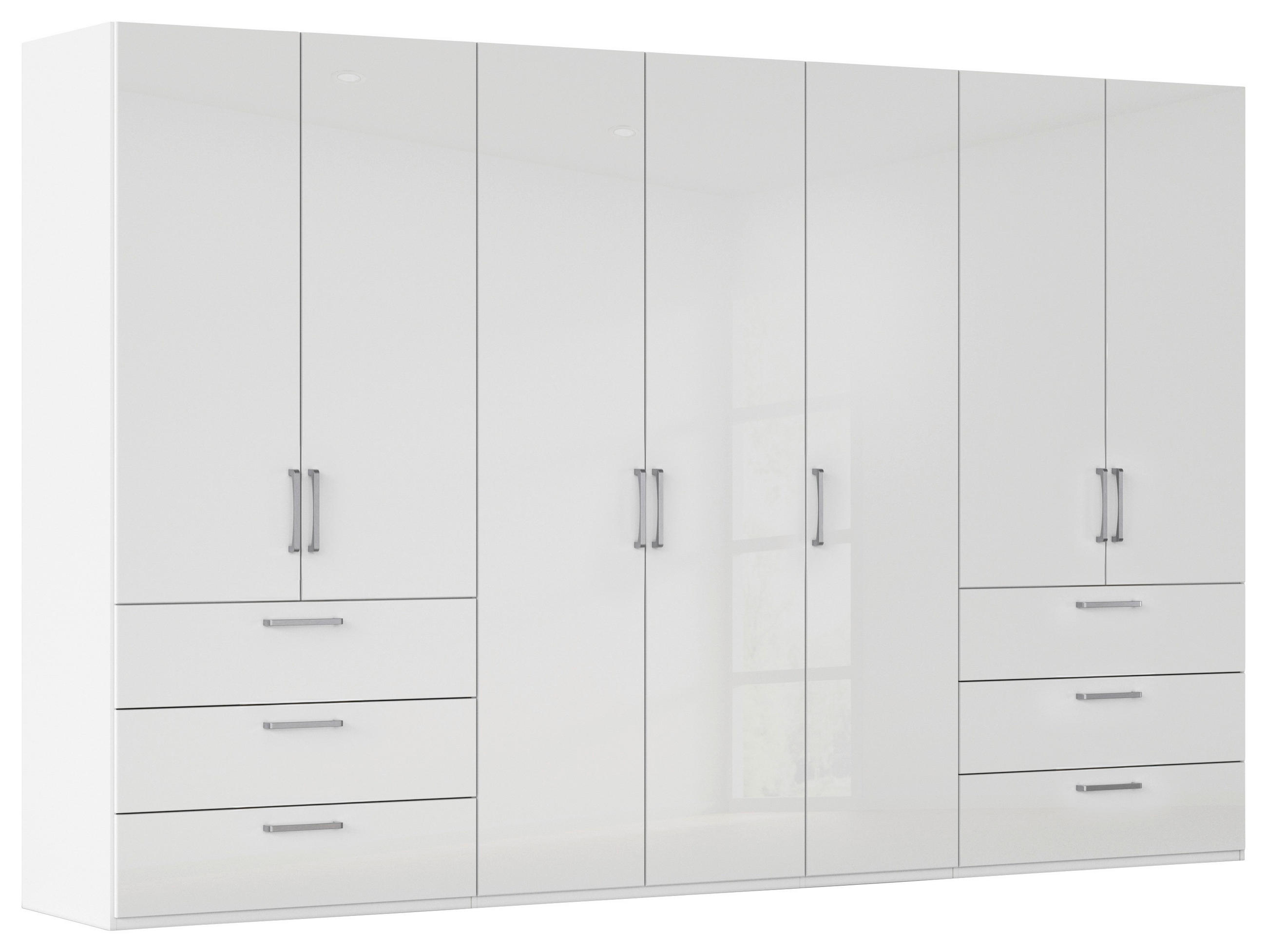 DREHTÜRENSCHRANK 350/235/61 cm,  in Weiß, Weiß Hochglanz, 7-türig  - Edelstahlfarben/Weiß Hochglanz, Basics, Holzwerkstoff/Metall (350/235/61cm) - Novel