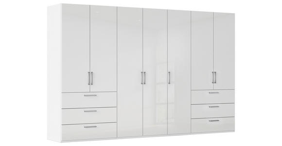 DREHTÜRENSCHRANK 350/235/61 cm,  in Weiß, Weiß Hochglanz, 7-türig  - Edelstahlfarben/Weiß Hochglanz, Basics, Holzwerkstoff/Metall (350/235/61cm) - Novel