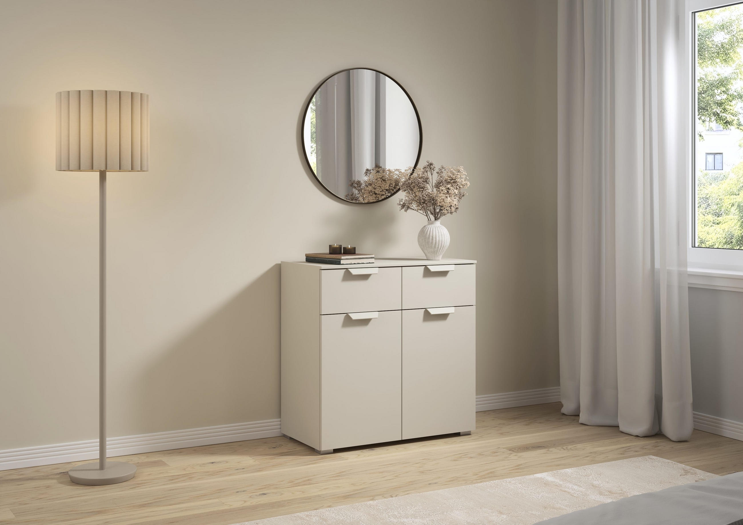 Thumbnail - Carryhome Kommode, Champagner, Holzwerkstoff, 1 Fächer, 2 Schublade(n) Schubladen, 80x81x42 cm, Blauer Engel, Goldenes M...