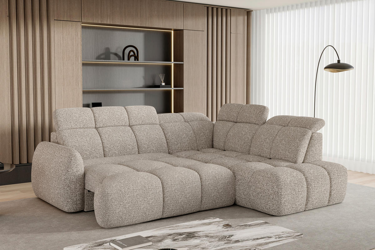 ECKSOFA Beige Webstoff Bettkasten, Schlaffunktion, Rücken echt, Kopfteilverstellung, Sitzvorzug  - Beige/Schwarz, Design, Kunststoff/Textil (275/230cm) - Welnova