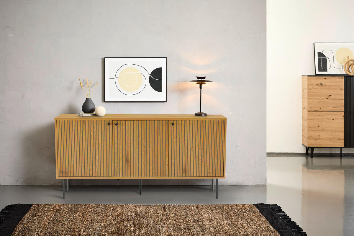 KOMODA S VRATIMA - boja hrasta/crna, Dizajnerski, metal/pločasti materijal (150/75/40cm) - Carryhome