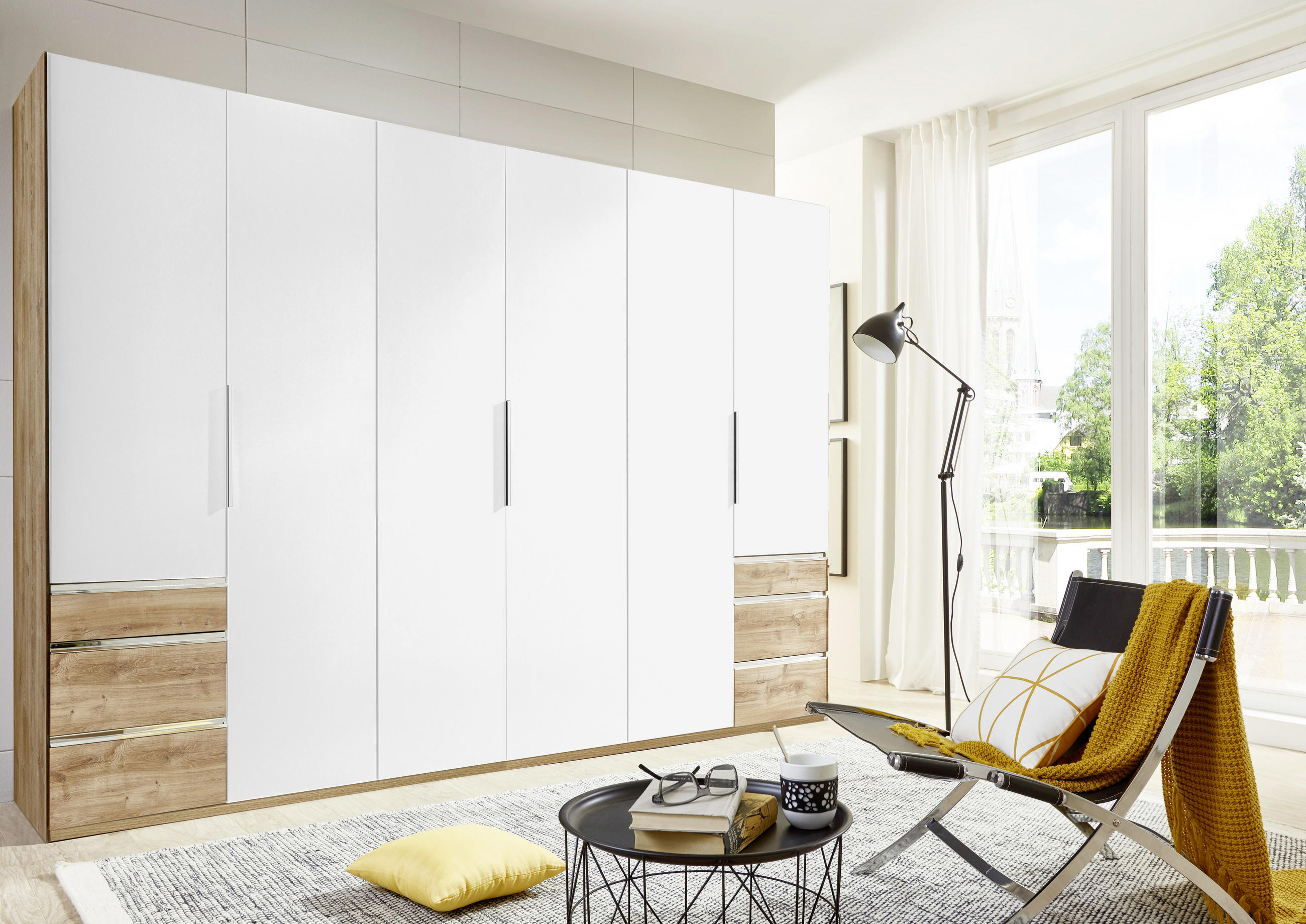 DREHTÜRENSCHRANK in Eichefarben, Weiss  - Chromfarben/Weiss, Modern, Holzwerkstoff/Metall (300/216/58cm) - MID.YOU