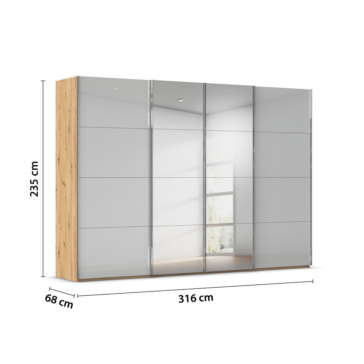 SCHWEBETÜRENSCHRANK 316/235/68 cm 4-türig Eiche Artisan, Seidengrau  - Chromfarben/Seidengrau, Design, Glas/Holzwerkstoff (316/235/68cm) - Novel