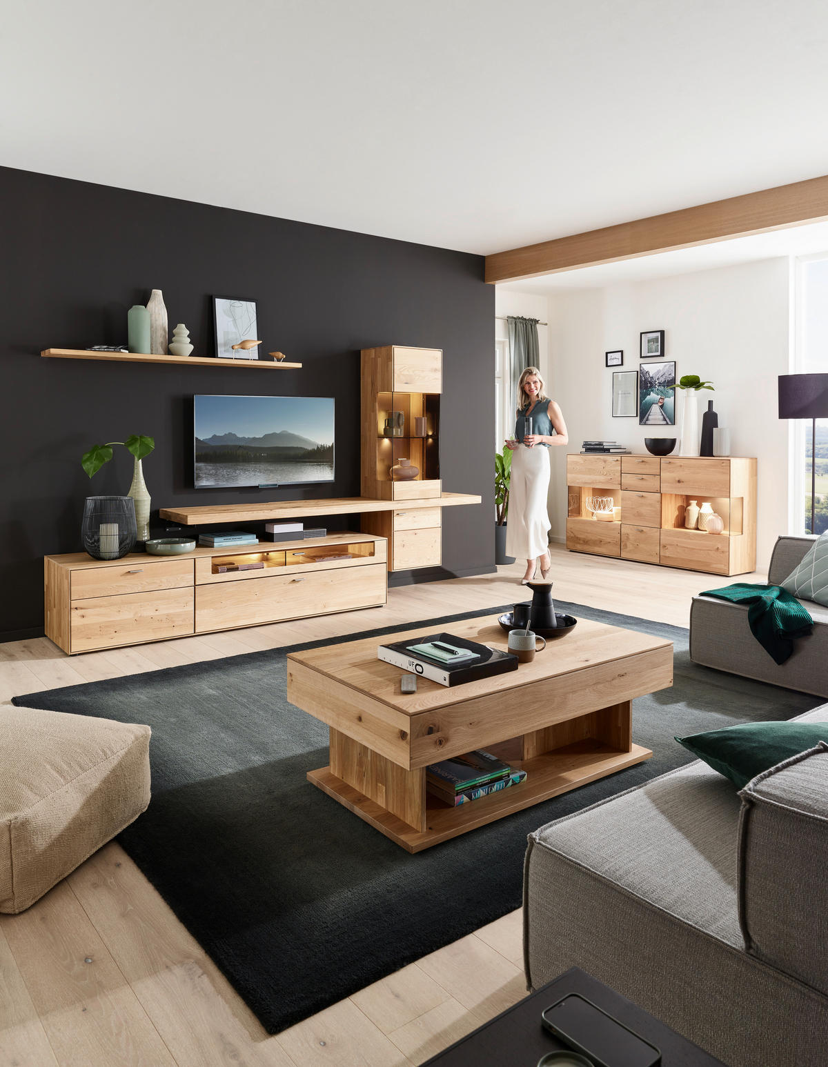 WOHNWAND  in Wildeiche  304/179/55 cm  - Wildeiche, Natur, Glas/Holz (304/179/55cm) - Valnatura