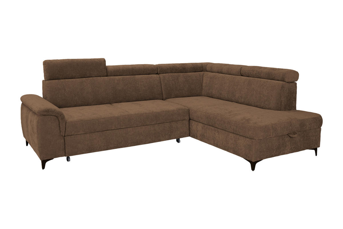 ECKSOFA Braun Chenille Bettkasten, Schlaffunktion, Rücken echt, Kopfteilverstellung, Liegefläche im Originalstoff  - Schwarz/Braun, KONVENTIONELL, Textil/Metall (265/206cm) - Carryhome