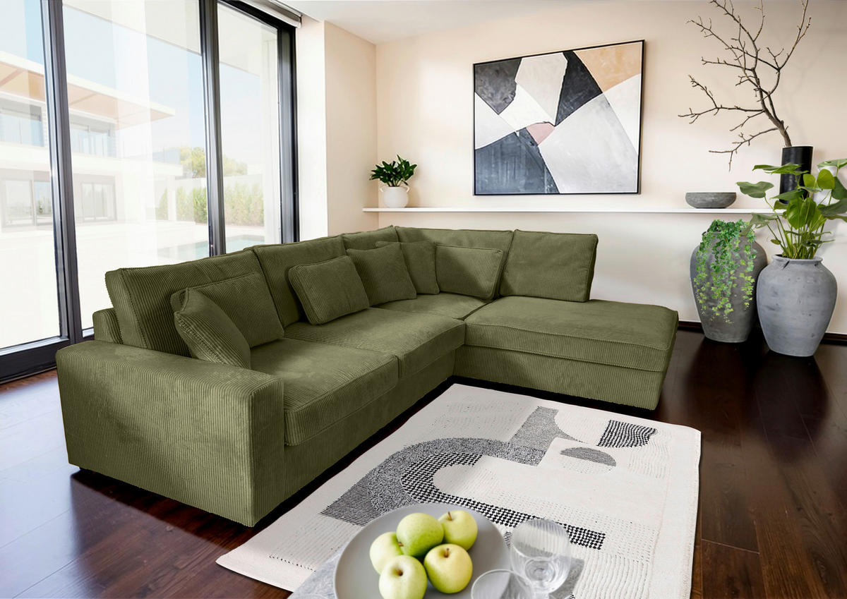 ECKSOFA  in Cord Olivgrün Zierkissen, Rückenkissen, Rücken echt  307/228 cm  - Schwarz/Olivgrün, MODERN, Kunststoff/Textil (307/228cm) - Carryhome