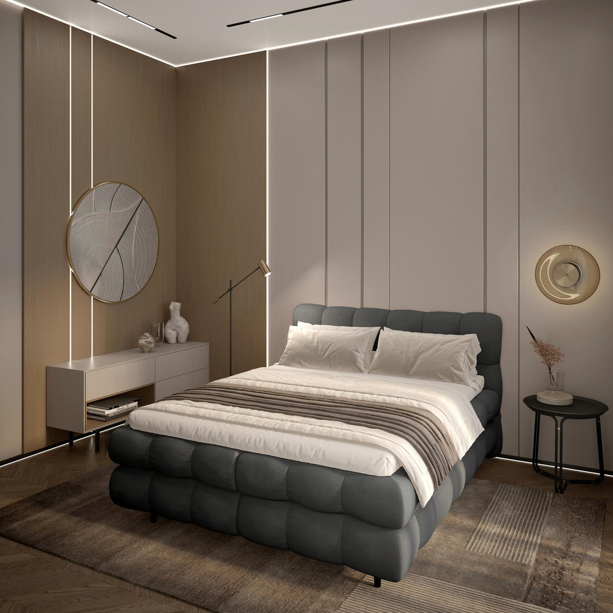 BOXBETT 200/200 cm,  in Anthrazit, gepolstertes Kopfteil, Bettkasten, Topper, H3 + H3 = fest  - Anthrazit/Schwarz, Design, Textil/Metall (200/200cm) - Ti'me