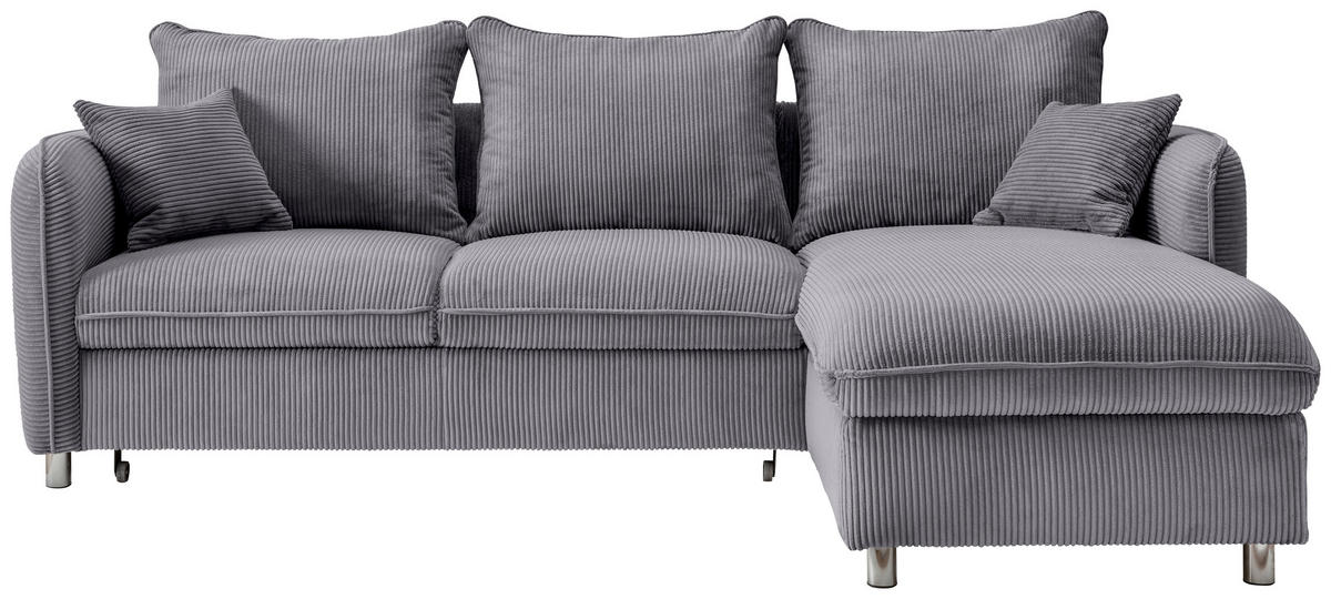 ECKSCHLAFSOFA  mit Rücken echt, Armteil links, Armteil rechts Cord Grau  - Chromfarben/Grau, MODERN, Textil/Metall (254/160cm) - Livetastic