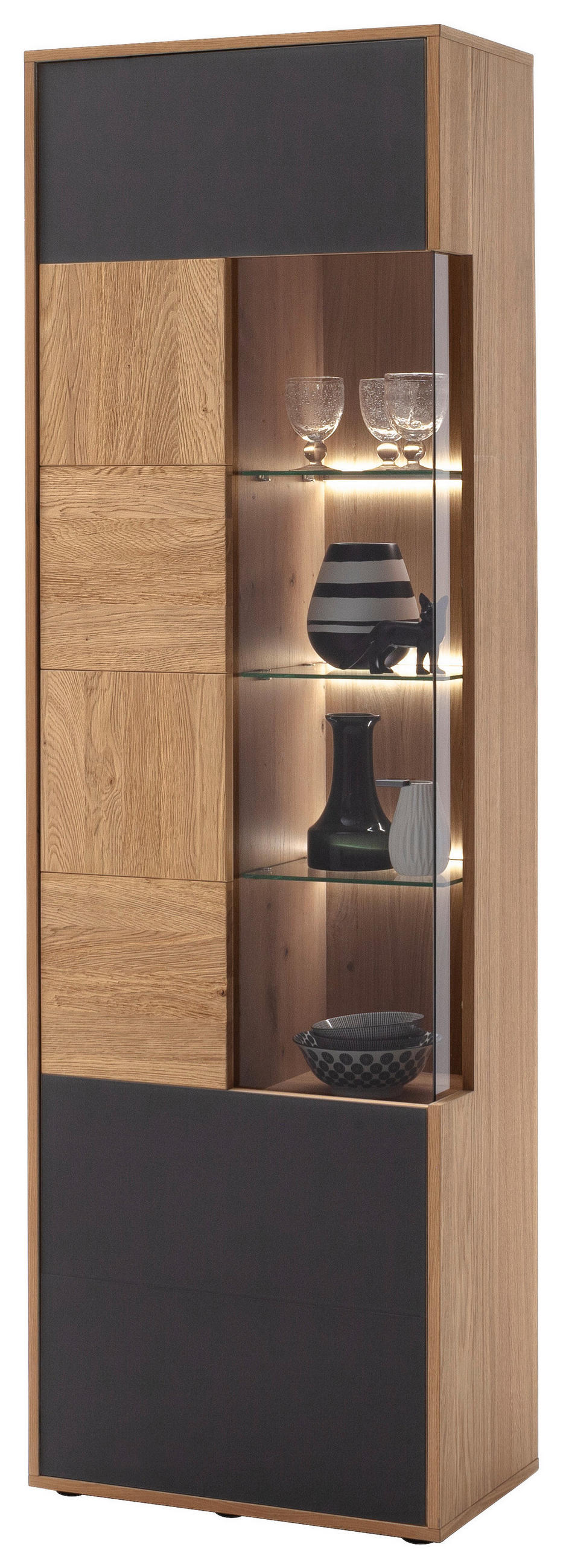VITRINE  in furniert, massiv Balkeneiche Anthrazit, Eiche Bianco - Eiche Bianco/Anthrazit, Design, Glas/Holz (64/207/37cm) - MID.YOU