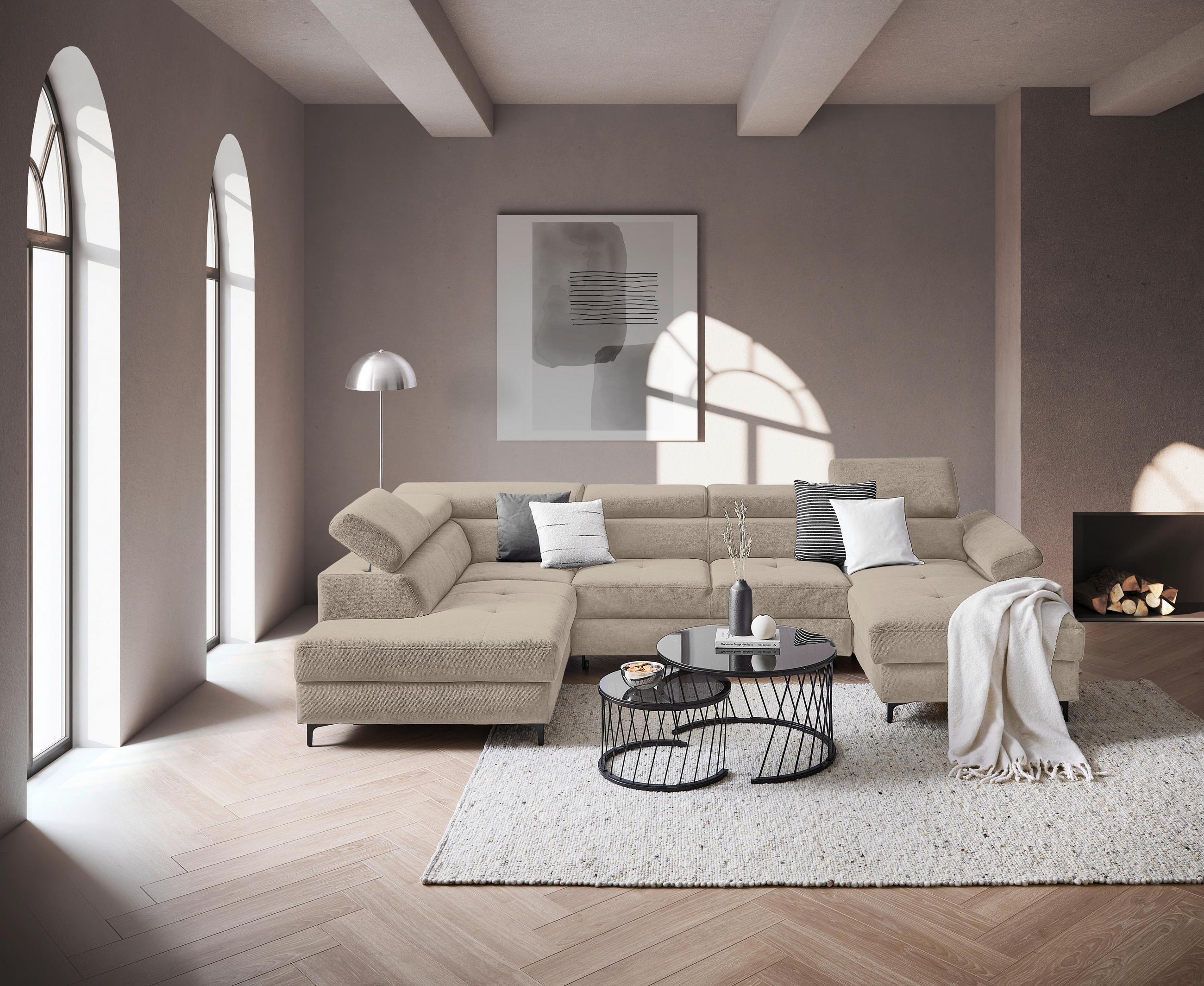 WOHNLANDSCHAFT inkl. Funktion Schlammfarben Flachgewebe  - Schlammfarben/Schwarz, MODERN, Textil/Metall (206/333/180cm) - Stylife