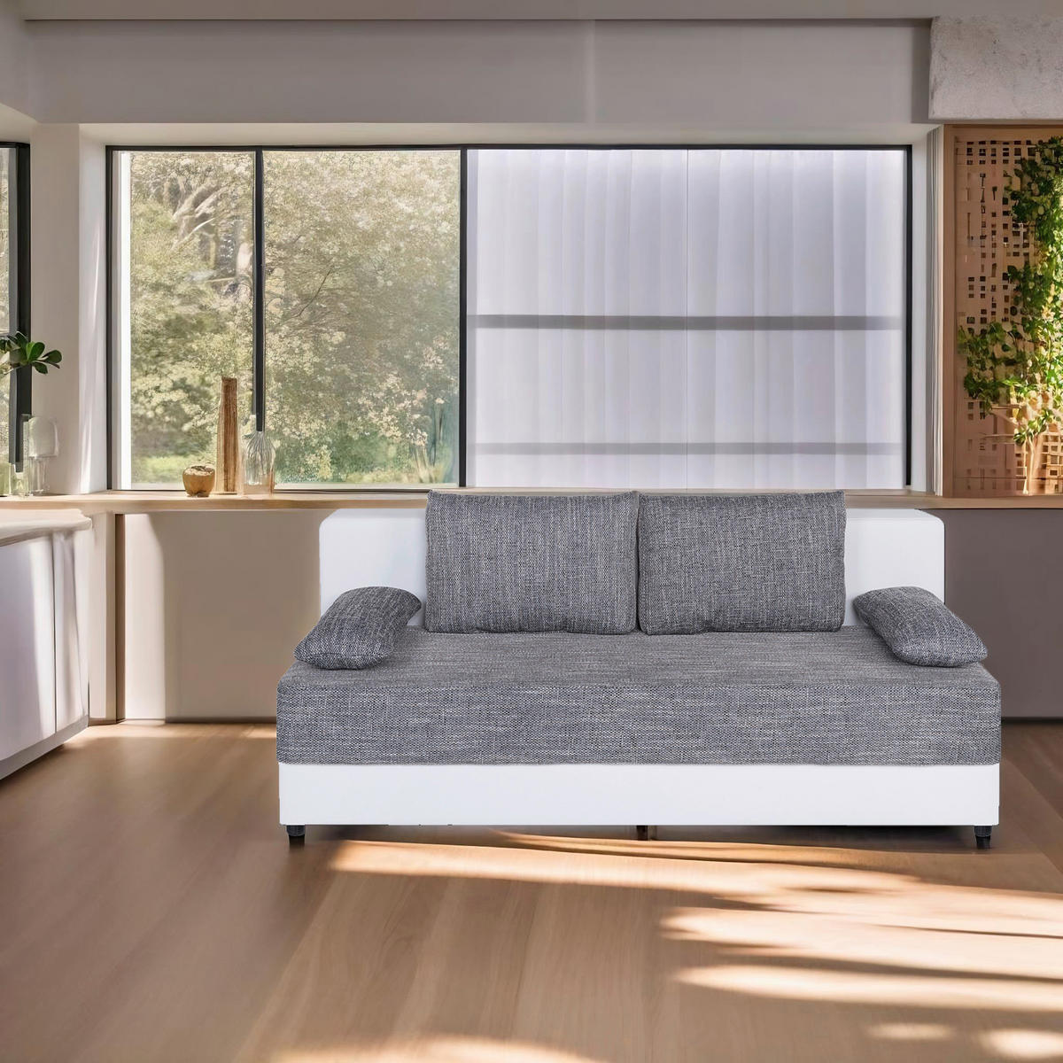 ROZKLADACIA POHOVKA, textil, kompozitné drevo, sivá, biela - čierna/sivá, Design, kompozitné drevo/textil (200/90/103cm) - P & B