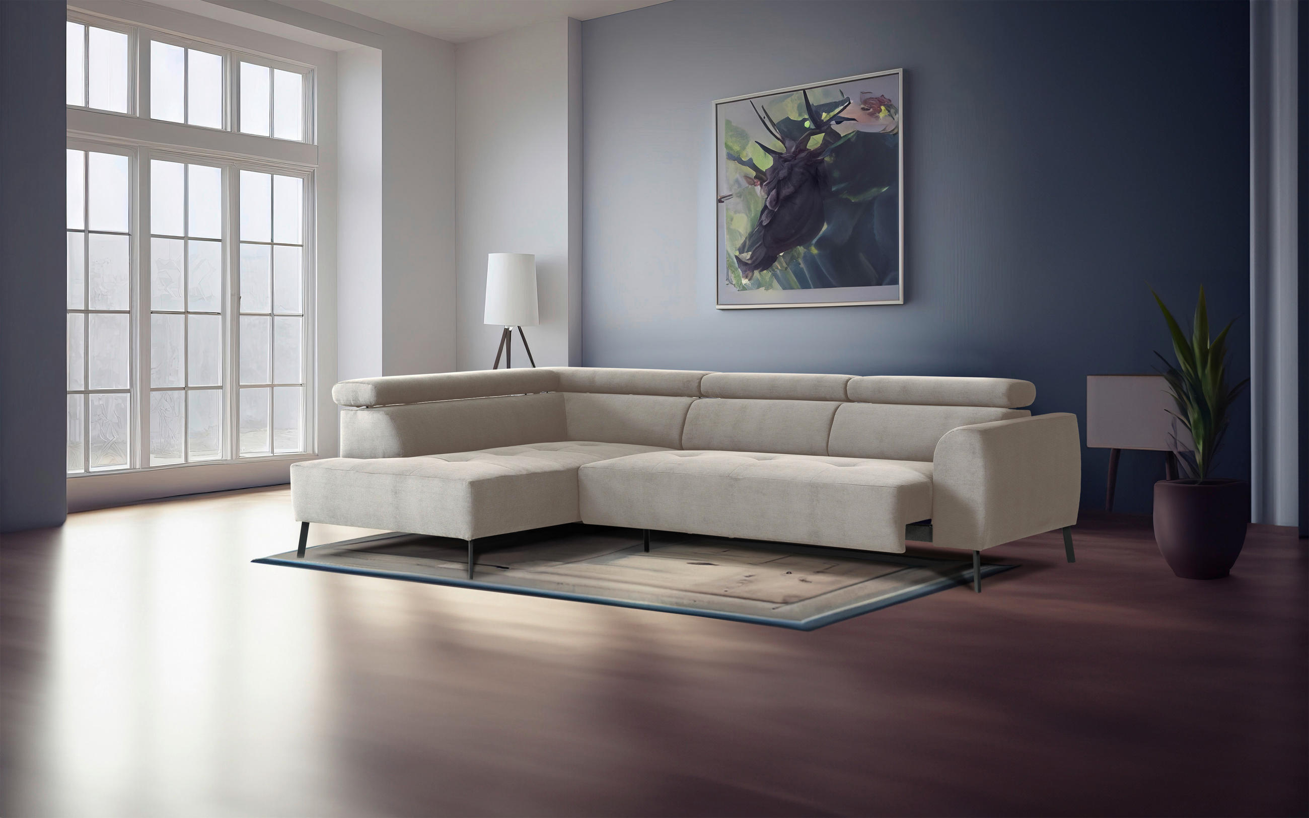 ECKSOFA in Feincord Beige  - Beige/Schwarz, Design, Textil/Metall (205/280cm) - MID.YOU
