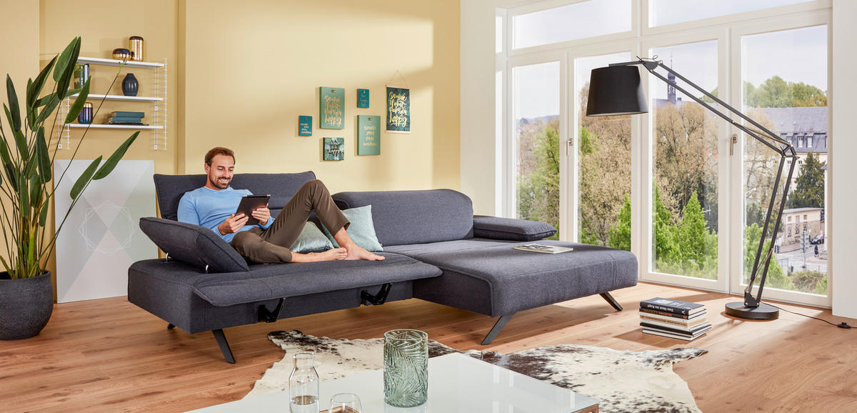 ECKSOFA in Flachgewebe Dunkelblau  - Anthrazit/Dunkelblau, Design, Textil/Metall (280/164cm) - Johann Jakob