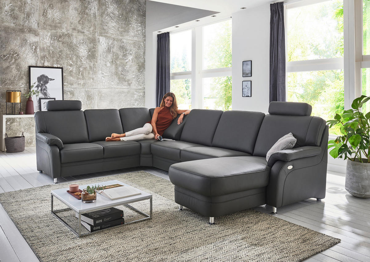 WOHNLANDSCHAFT Anthrazit Echtleder  - Anthrazit/Alufarben, KONVENTIONELL, Leder/Metall (239/329/165cm) - Beldomo Premium