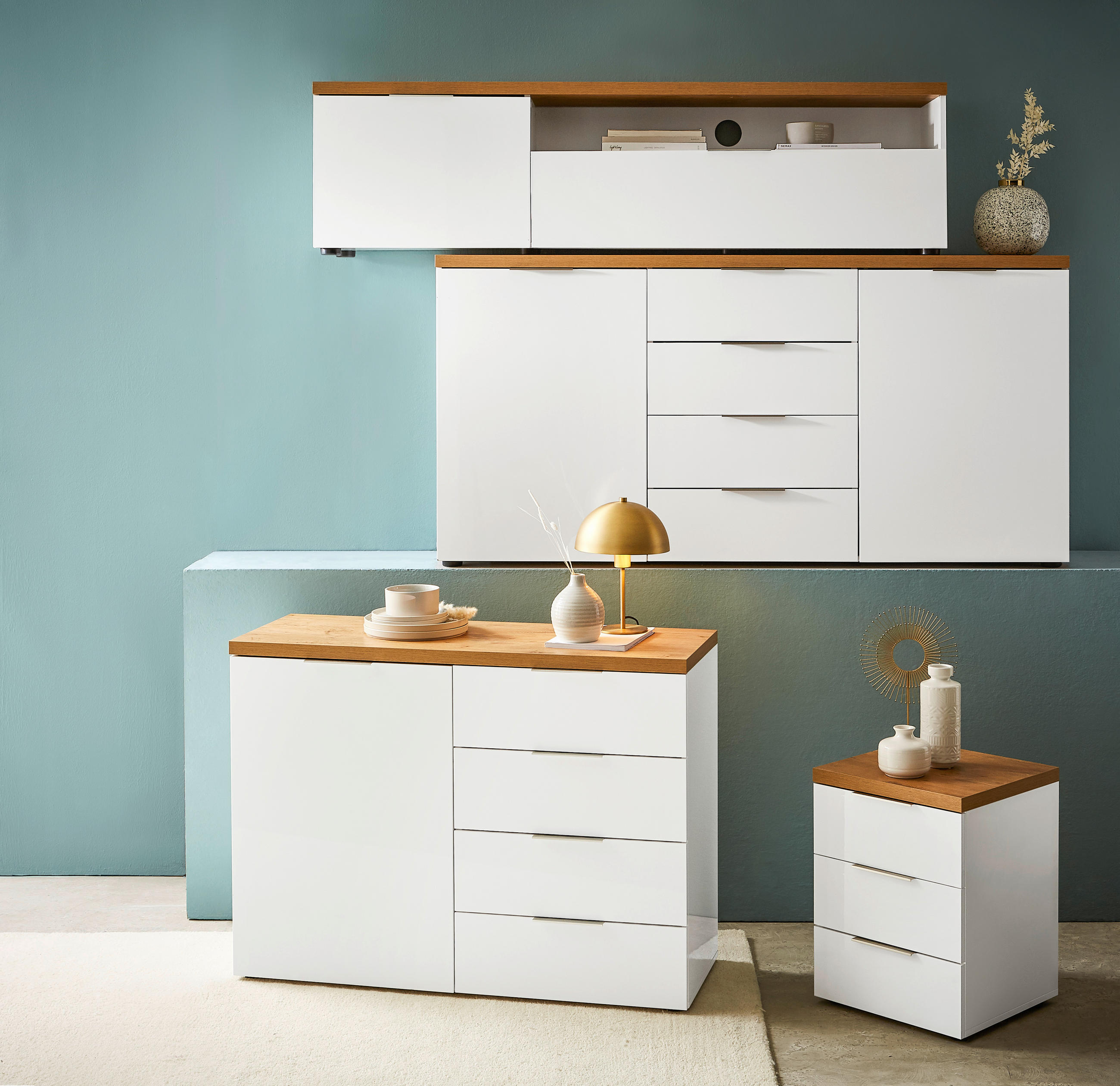 NACHTSCHRANK Weiß, Eichefarben - Eichefarben/Alufarben, Design (45/55/43cm) - Xora