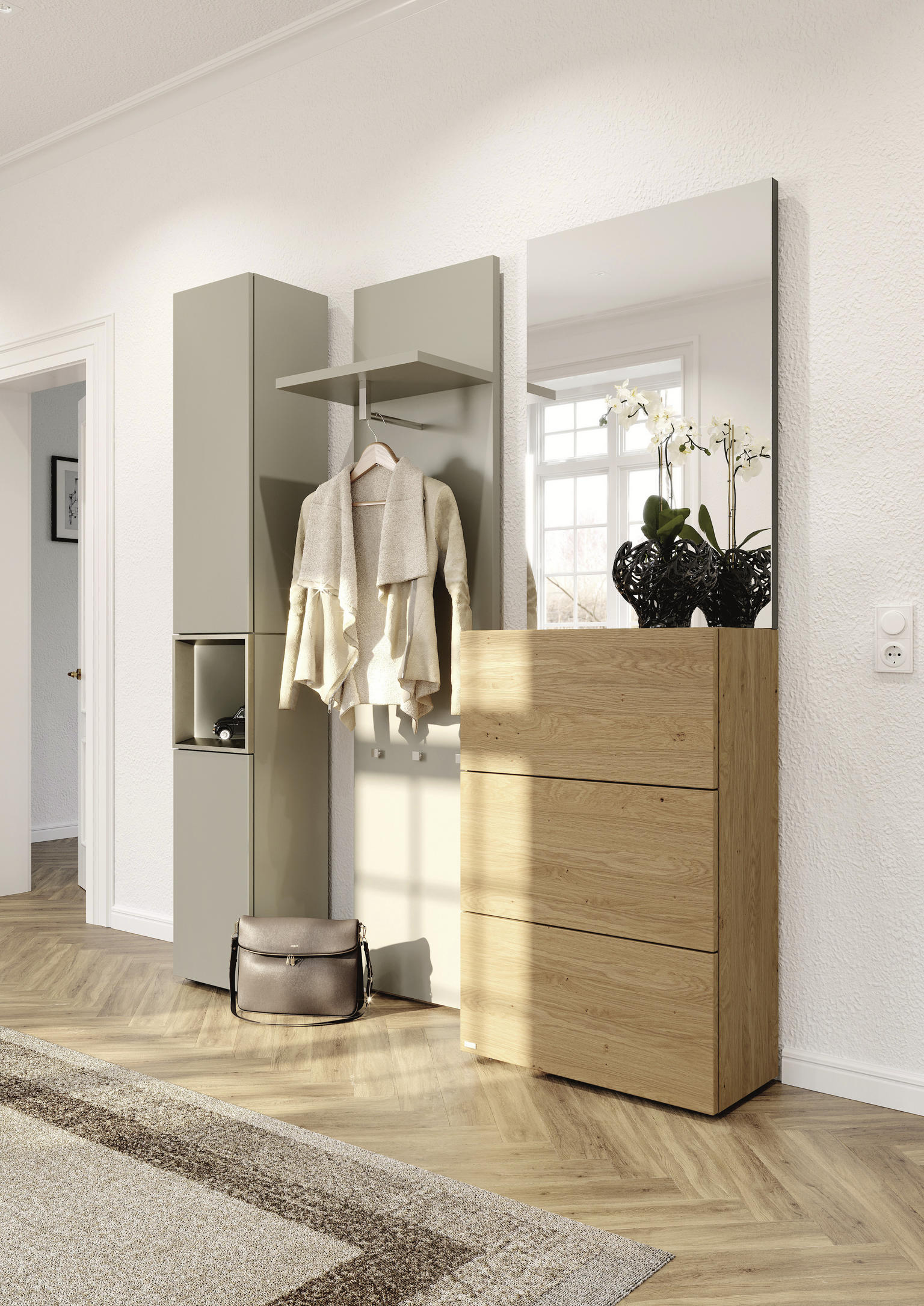 0GARDEROBE Eichefarben, Hellgrau, Bronzefarben - Einrichtungsbeispiel