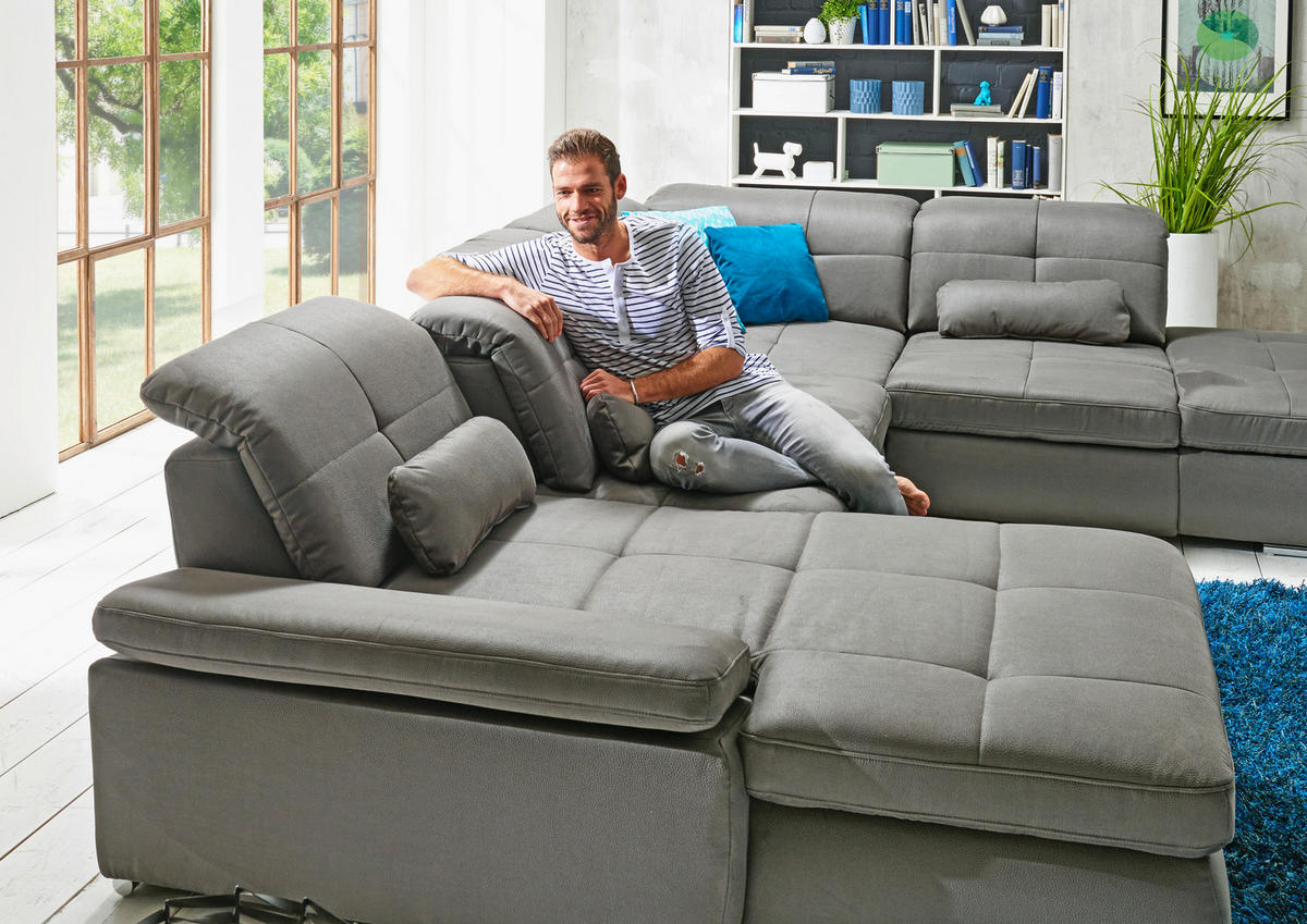 WOHNLANDSCHAFT Grau Mikrofaser  - Chromfarben/Grau, Design, Textil/Metall (260/371/195cm) - Beldomo Style