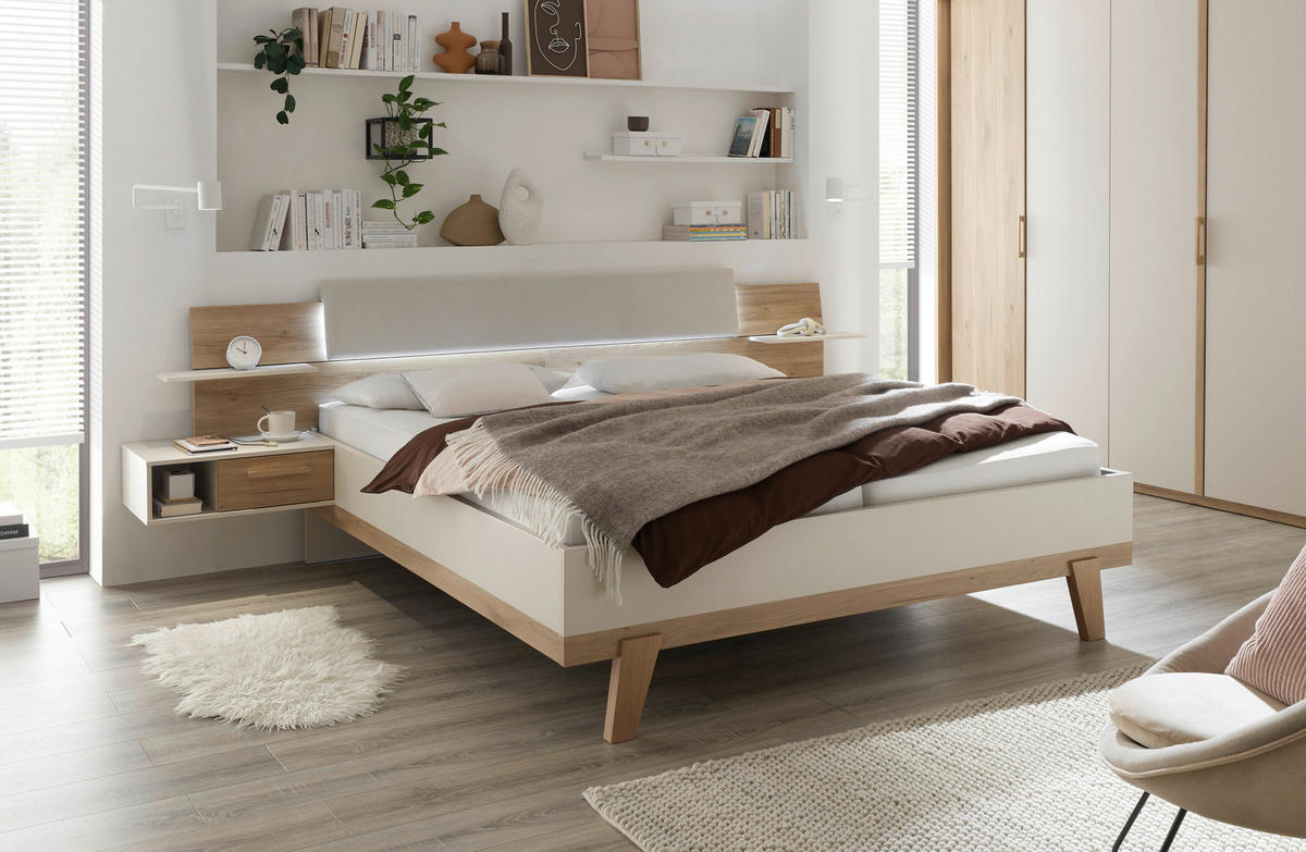 POSTEĽ S NOČNÝMI STOLÍKMI, 180/200 cm, farba duba, kašmírová - kašmírová/farba duba, Design, kompozitné drevo/textil (180/200cm) - Xora
