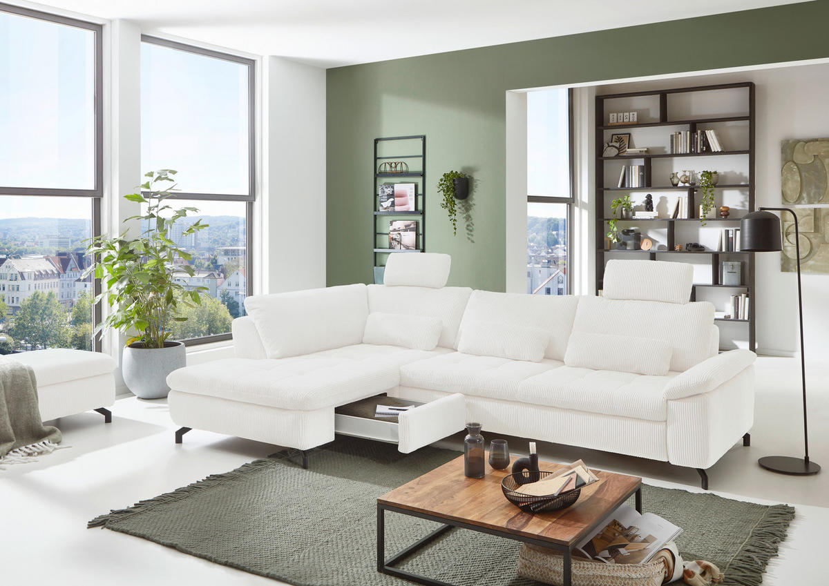 ECKSOFA in Cord, Velours Creme, Naturfarben  - Creme/Schwarz, Design, Textil/Metall (197/291cm) - Beldomo Style