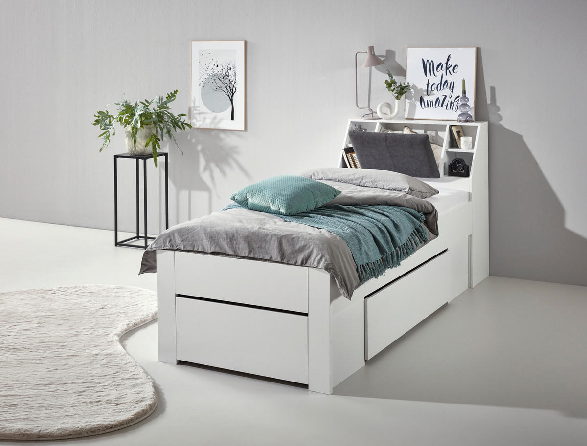 POSTEĽ S ÚLOŽNÝM PRIESTOROM, 90/200 cm biela - sivá/biela, Konventionell, kompozitné drevo/textil (90/200cm) - Carryhome