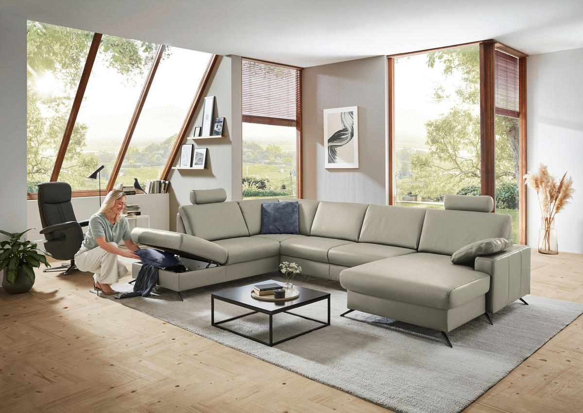 WOHNLANDSCHAFT in Echtleder Platinfarben  - Platinfarben/Schwarz, Design, Leder/Metall (233/339/165cm) - Beldomo Premium