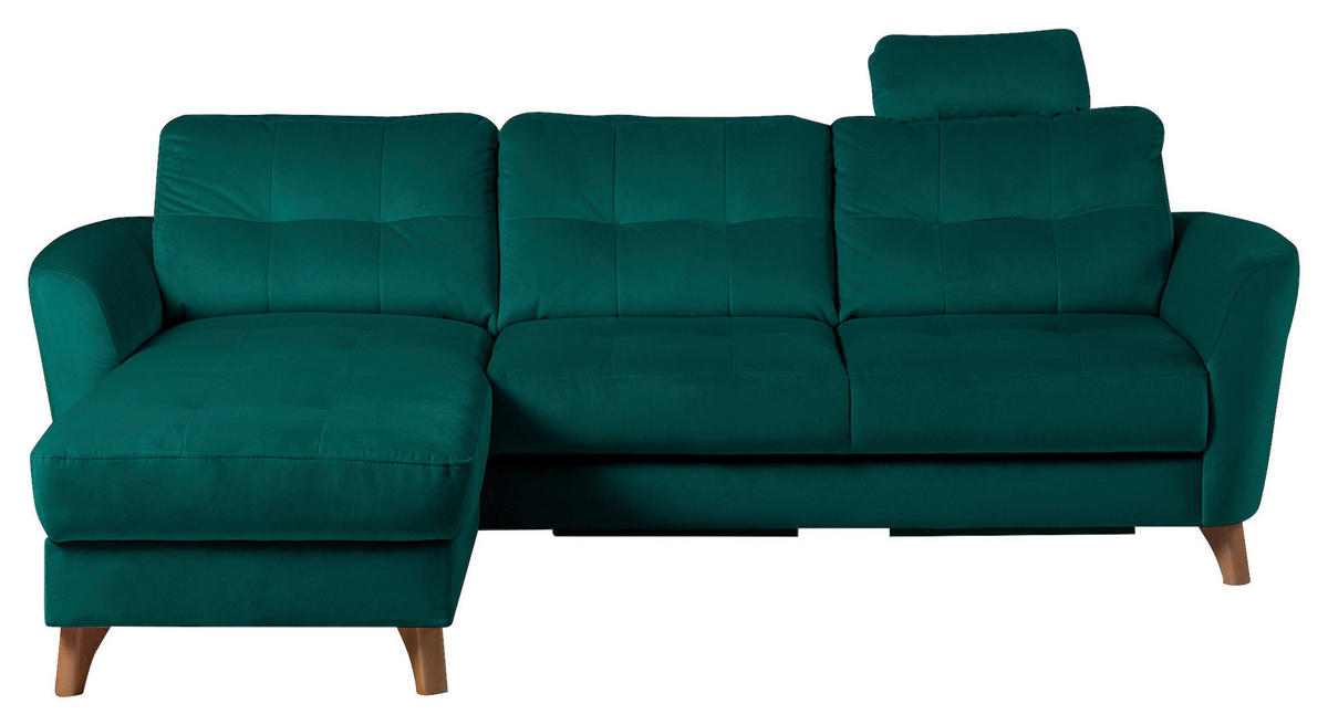 ECKSOFA Petrol Samt Bettkasten, Schlaffunktion, Liegefläche im Originalstoff  - Buchefarben/Petrol, Design, Holz/Textil (168/238cm) - Livetastic