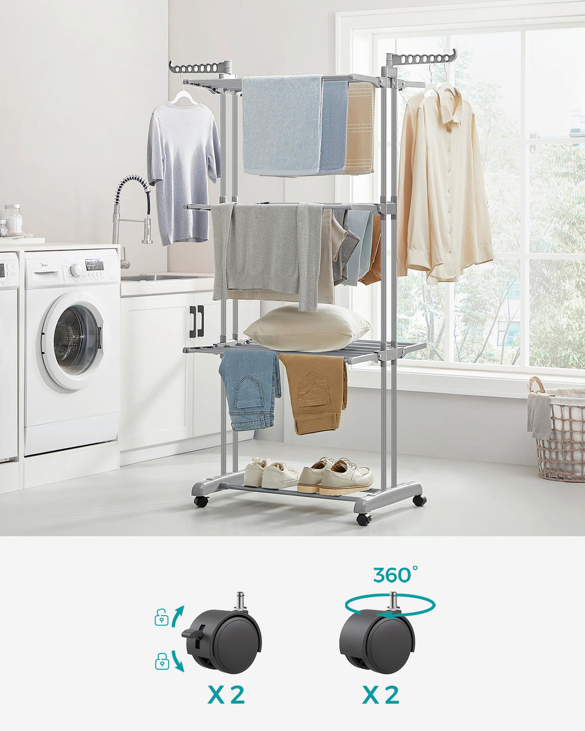 SUŠIAK NA BIELIZEŇ - sivá, Basics, kov/plast (76/173/49cm)