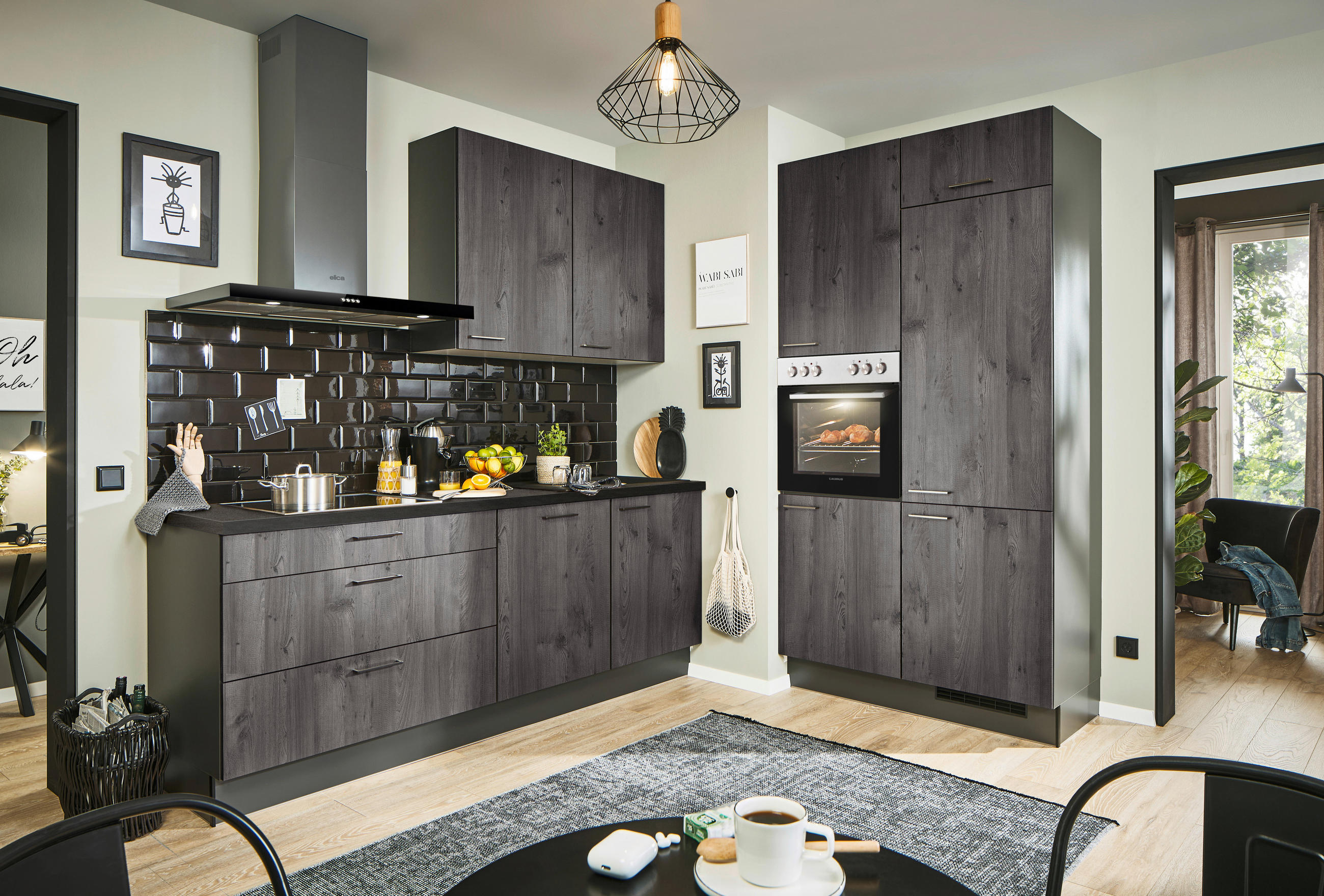 ECKKÜCHE 220/120 cm  in Graphitfarben, Schwarz, Lavagrau  - Eiche dunkel/Lavagrau, Design, Holzwerkstoff/Metall (220/120cm) - Xora