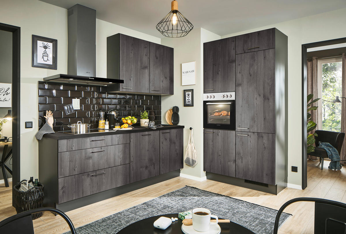 ECKKÜCHE 220/120 cm  in Graphitfarben, Schwarz, Lavagrau  - Eiche dunkel/Lavagrau, Design, Holzwerkstoff/Metall (220/120cm) - Xora