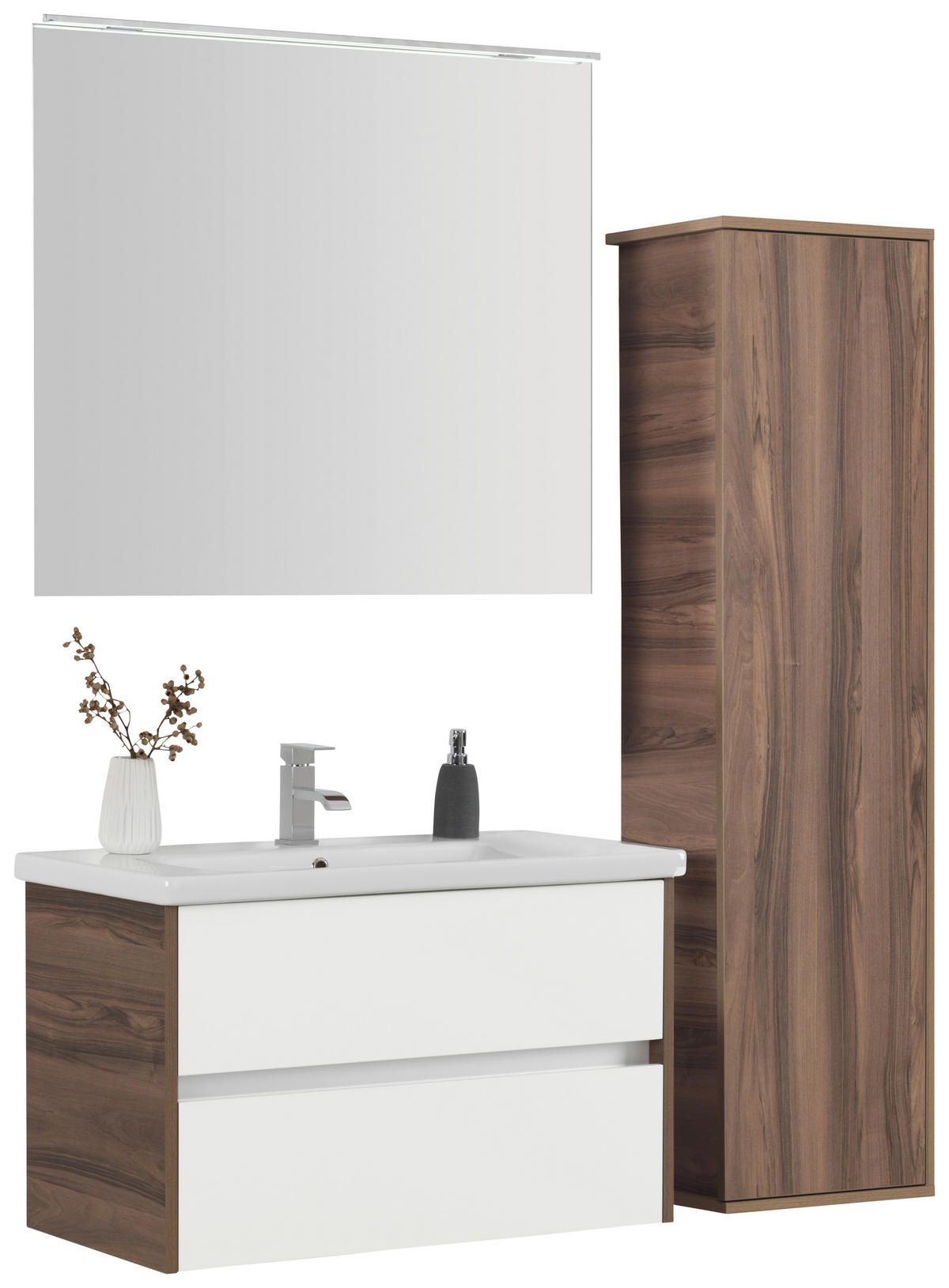 BADEZIMMER  in 90 cm  - Weiß Hochglanz/Nussbaumfarben, Basics, Glas/Keramik (90cm) - Voleo