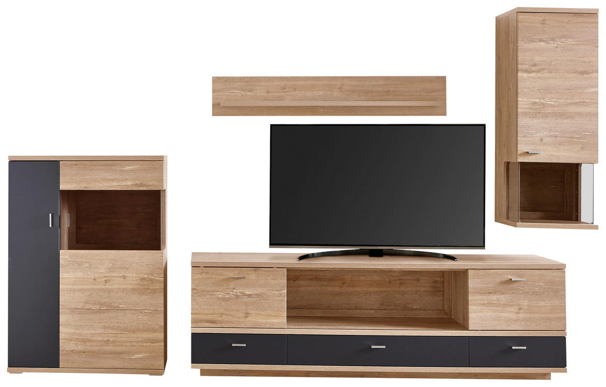 WOHNWAND  in Eichefarben, Dunkelgrau 324,6/204,2/45 cm  - Eichefarben/Dunkelgrau, Design, Glas/Holzwerkstoff (324,6/204,2/45cm) - Stylife