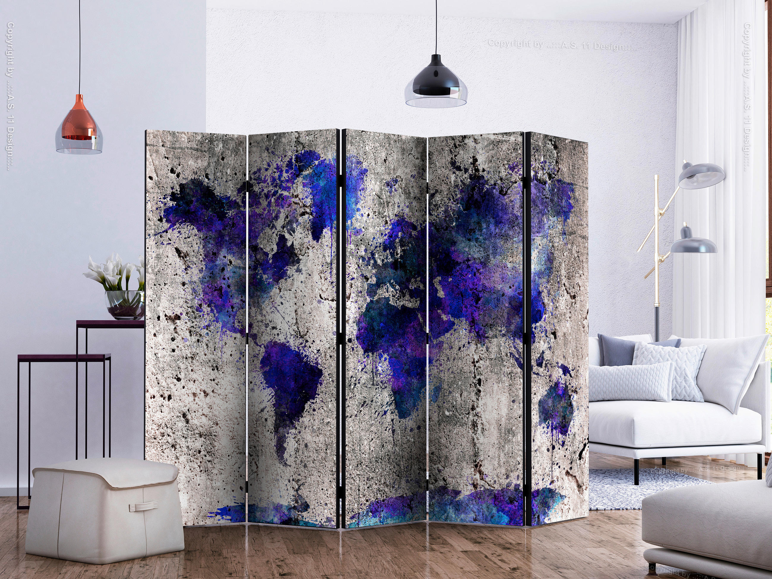 Paravent doppeltseitig mit 5  Flügel - Beige/Violett, Basics, Holz/Textil (225/172cm) - artgeist