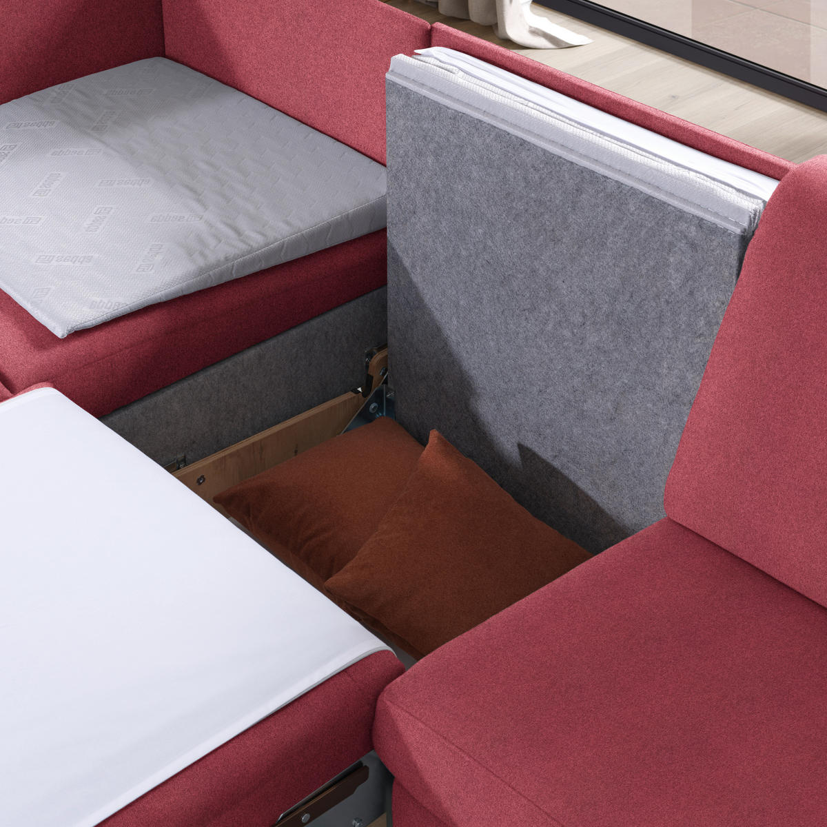 ECKSOFA in Flachgewebe Bordeaux  203/261 cm  - Eichefarben/Bordeaux, KONVENTIONELL, Holz/Textil (203/261cm) - Sedda