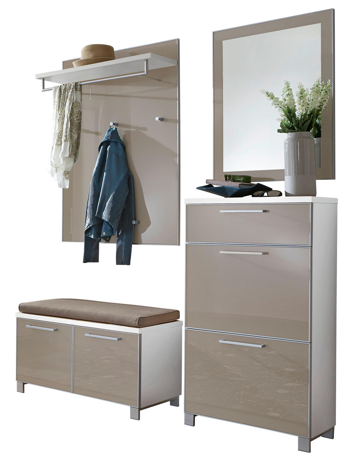 GARDEROBE 5-teilig  in 155/195/40 cm  - Taupe/Weiss, Design, Glas/Holzwerkstoff (155/195/40cm)