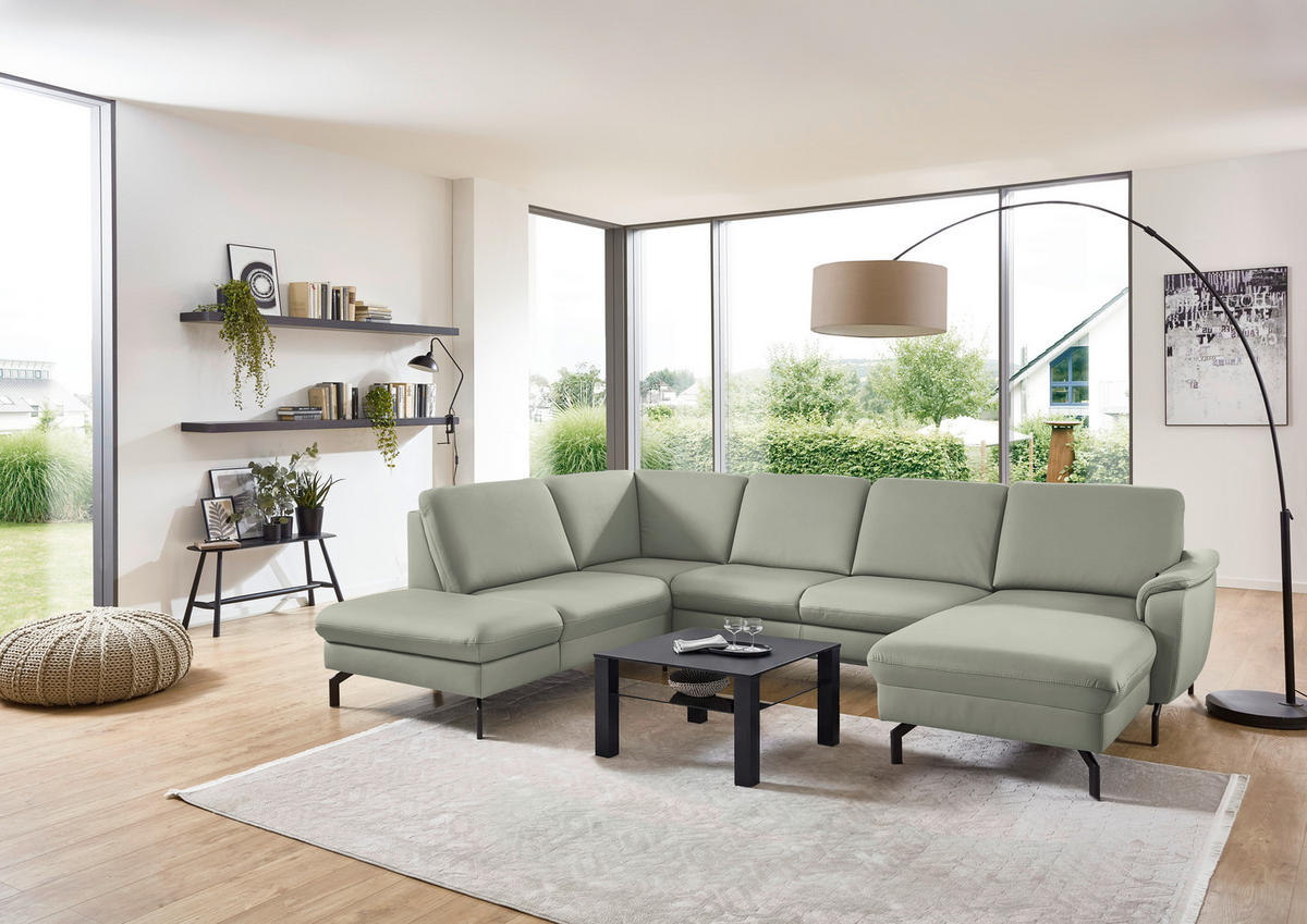 WOHNLANDSCHAFT Beldomo premium in Echtleder Silberfarben  - Silberfarben/Schwarz, KONVENTIONELL, Leder/Metall (224/306/168cm) - Beldomo Premium