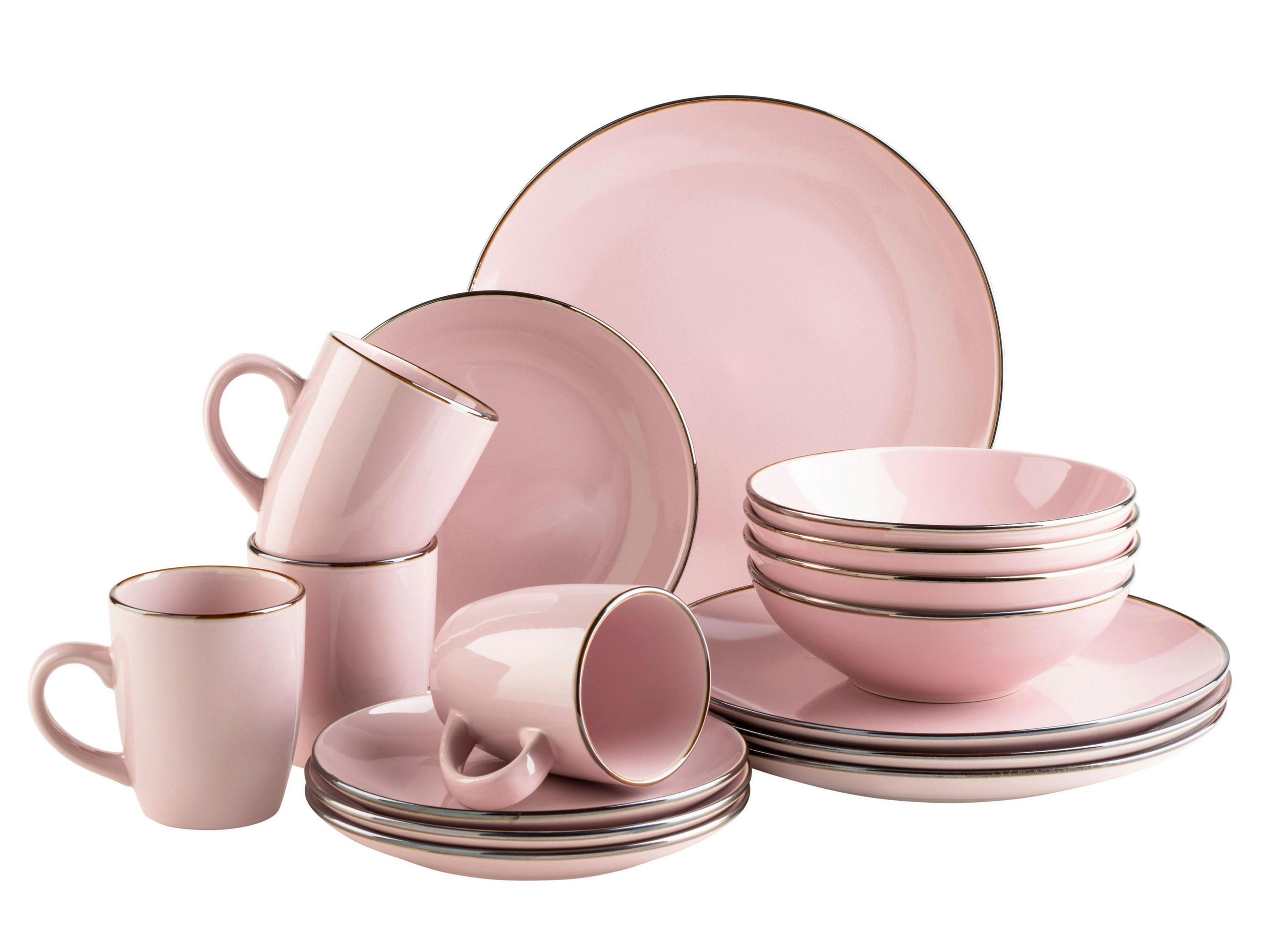 KOMPLETT SERVIS Metallic Rim 16 delar - rosa, Basics, keramik - Mäser