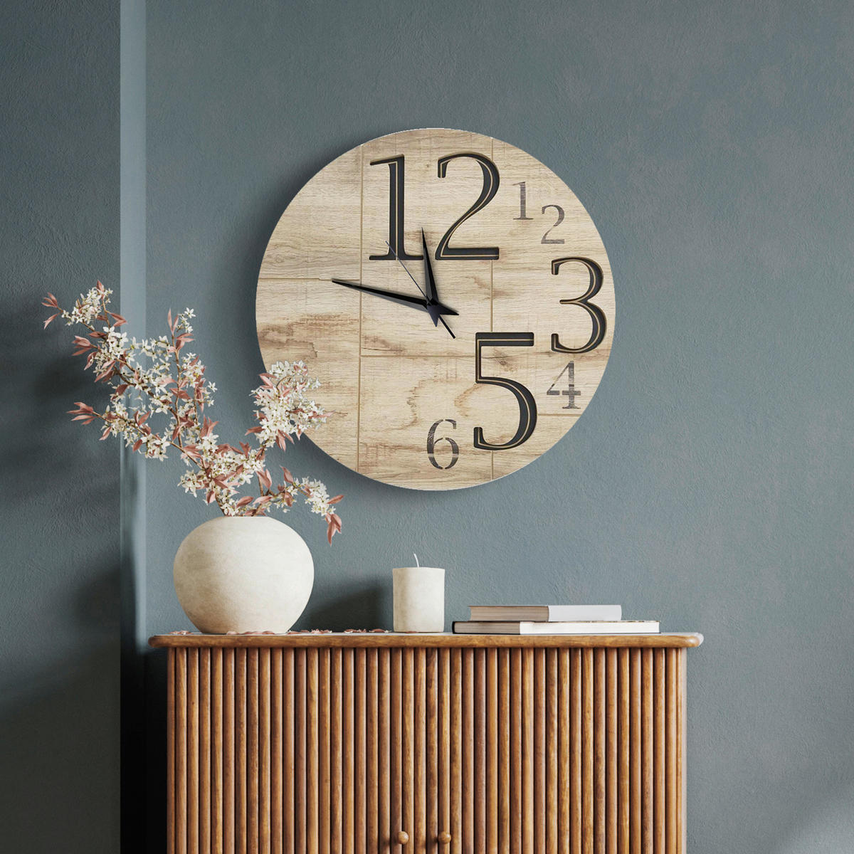 WANDUHR - Schwarz, Eichefarben  - Eichefarben/Schwarz, Basics, Holz/Kunststoff (57cm)