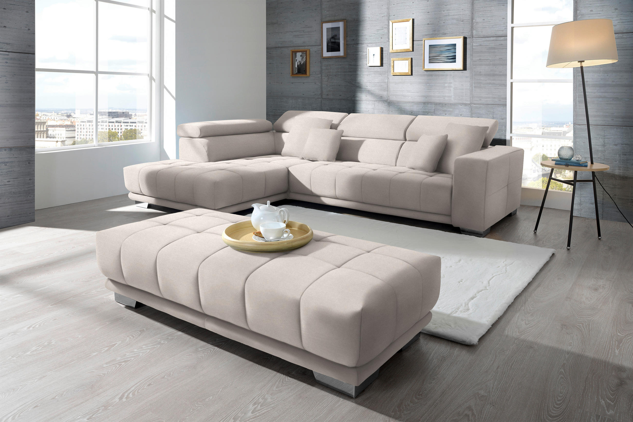 ECKSOFA in Mikrofaser Ecru  - Chromfarben/Ecru, Design, Textil/Metall (207/301cm) - Xora